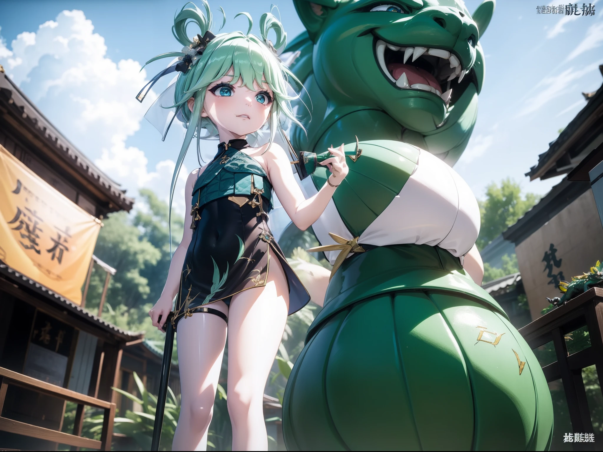 , standing in front of the dragon statue, holding fan, glaze expression, wearing a green China short dress, heels, Beautiful eyes, perfect face, close up, volt effect, volt particle, outdoor, masterpiece