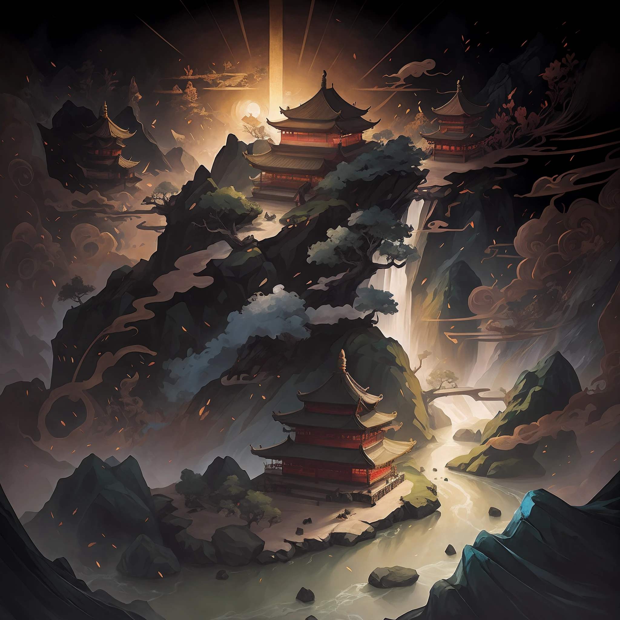 Draw a mountain，There is a pagoda and waterfall in the middle, G Liulian art style, Onmyoji detailed art, Epic fantasy digital art style, Detailed digital 2D fantasy art, dan munford. Maya rendering, A beautiful artwork illustration, dan munford. concept-art, andreas rocha style, Anime epic artwork, inspired by Andreas Rocha，Red and yellow tones，
