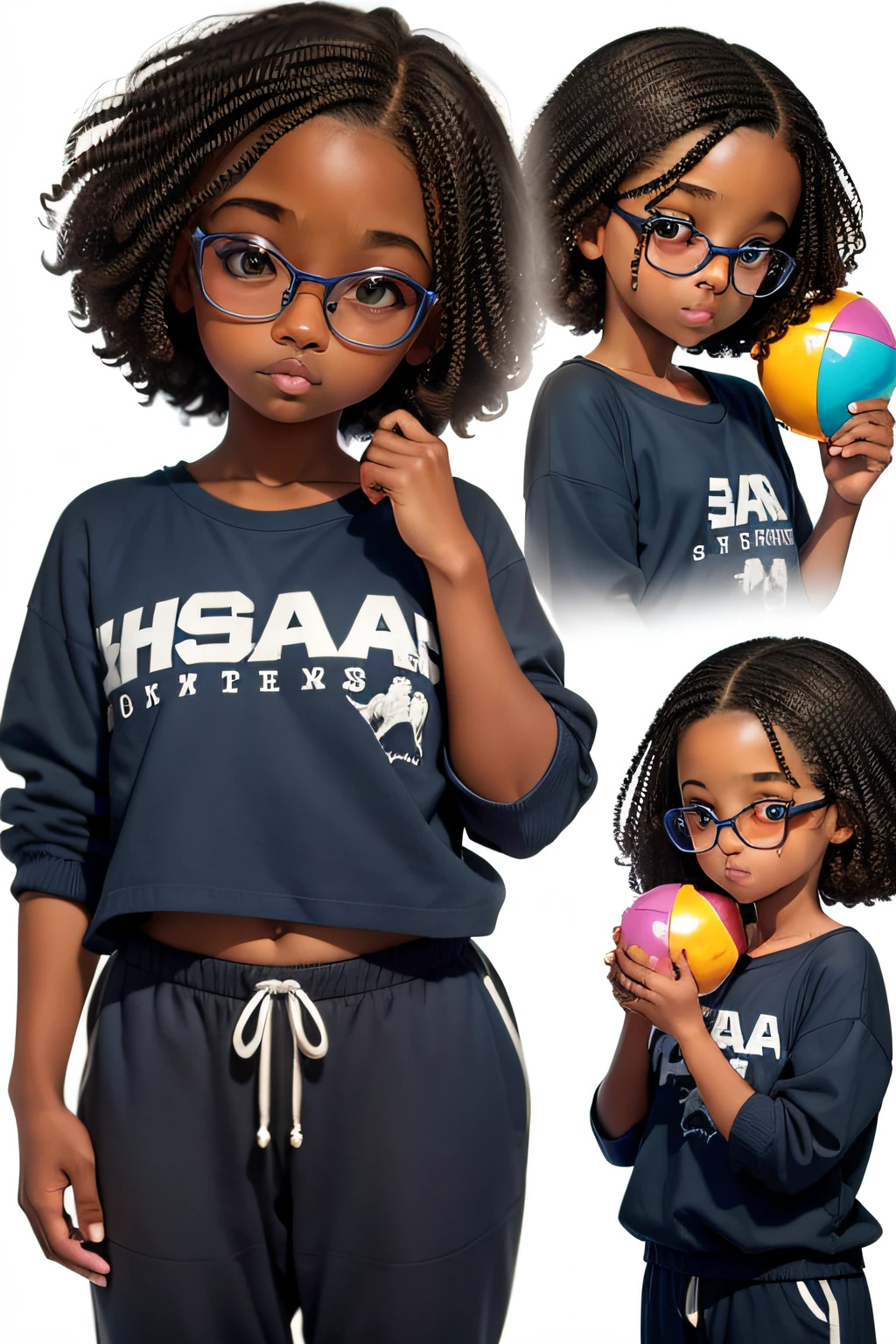 Girl, 6 , various poses and expressions on white background, children's book illustration style, simple, cute, dark skin tone, curly hair, sweatpants blue shirt, no hat, no belt, holding some children's toy in hands, with glasses .