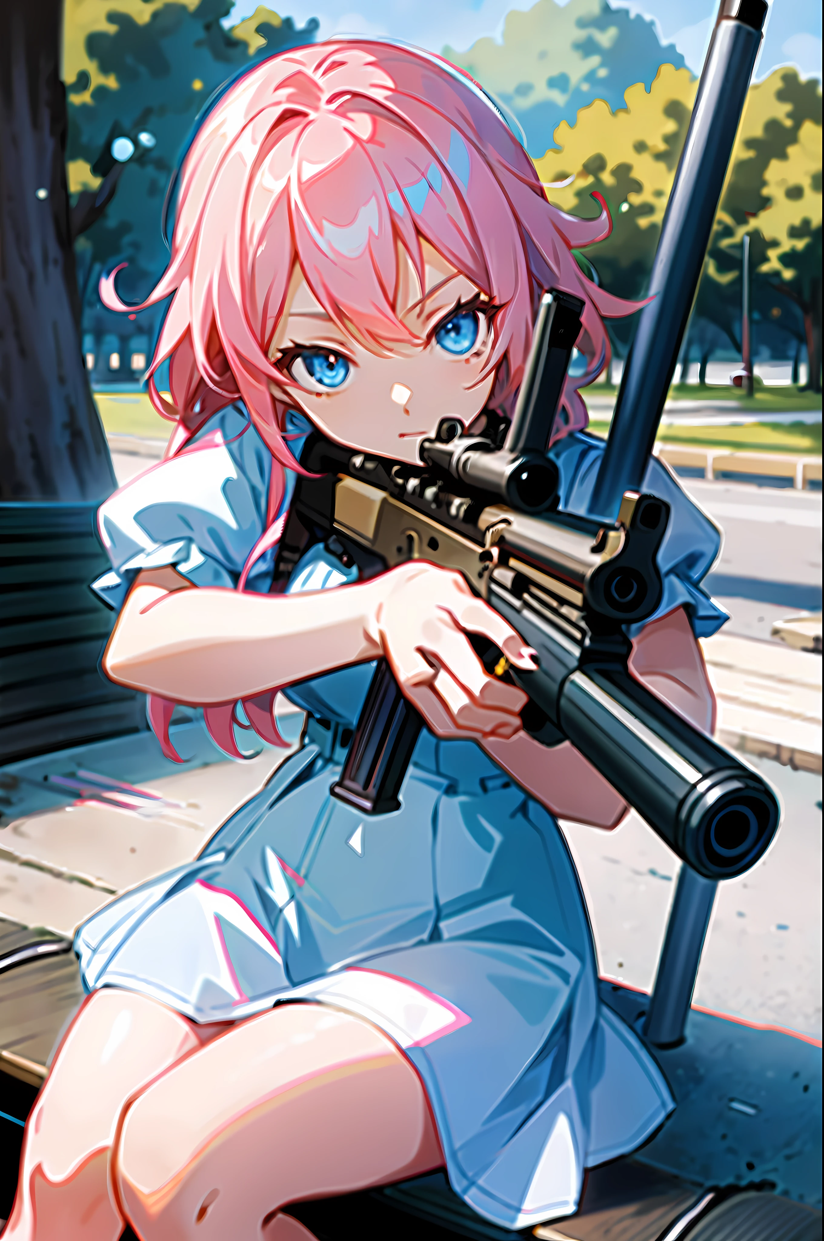 Anime girl holding a gun on a bench in the park, Fine details, anime machine gun fire, of a sniper girl in war,clean and meticulous anime style, HD wallpapers, Overall HD and meticulous, Pink hair, Blue eyes, The girl wears a short-sleeved dress