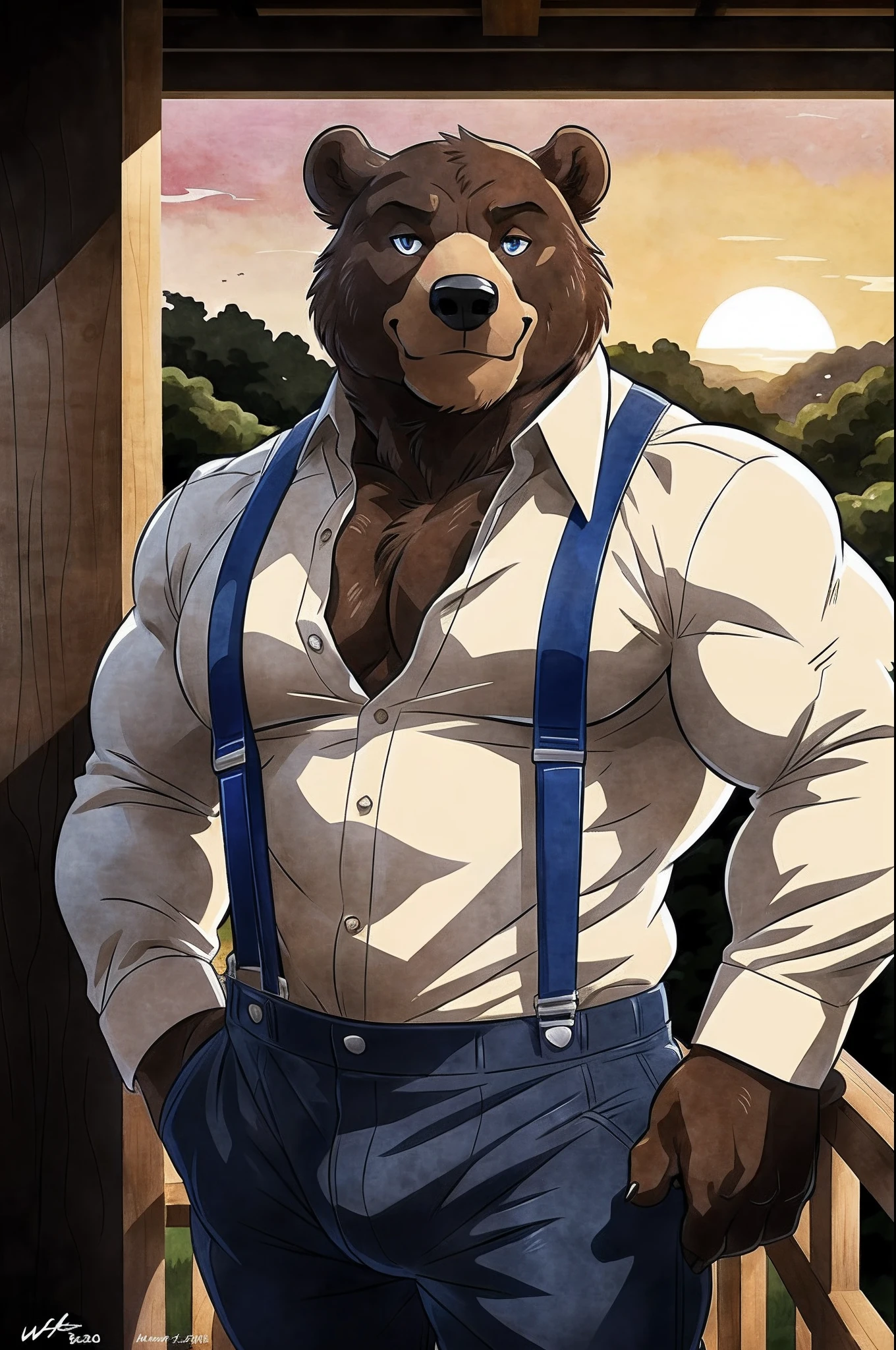 muscular anthro bear posing for the camera, flexing muscles, touching himself. 4k, high resolution, best quality, posted on e621, solo, anthro body, anthro bear, older male, male, adult, masculine, (very muscular, thick build, pectorals:1.2), correct anatomy, (countryside background, porch, sunset), (by wfa:1.2), (by negger:1.0), (pants, suspenders:1.2), (detailed eyes:1.2), sexy, cel shaded, cartoony shading, watercolors, smile, shiny muscles, strong shadows, confident, seductive, flirting, half-body shot, (looking at viewer:1.2)