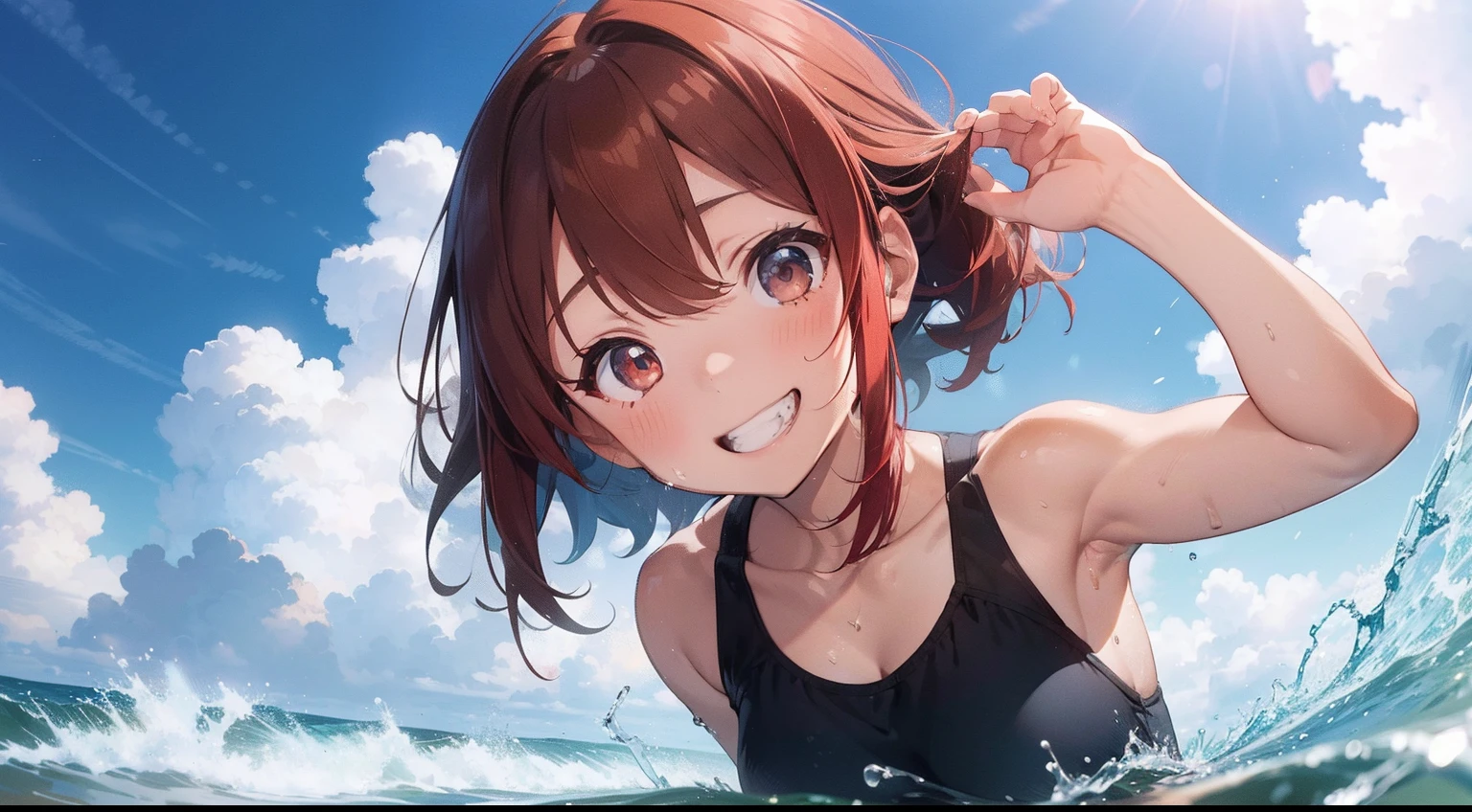 masterpiece、Looking up from below、Surfing、Ride the waves on a surfboard、Nice balance、Boyish girl、redhair、Red hair color、Mizukake、Wheat-toned skin、The swimsuit line has tan marks、Tank Tops、Look down with a smile、vast blue sky、Scenes of Youth、Bursting sweat、Into the cloud、1 page of summer、A smile with gritted teeth、Close your eyes and smile、