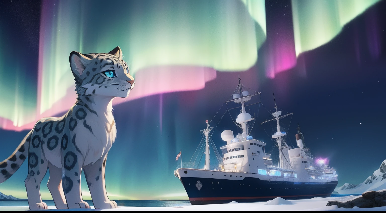 Furry mascot，Furry Fur，Standing furry fur，Furry snow leopard，Standing snow leopard，Lovely image，snow leopard，Cute furry，Large research vessels，Snow leopard on ice，Beautiful aurora，Look at the aurora, Long, Fluffy tail，In the Arctic，The ship is brightly lit，Cubs，is in night，nigh sky, Winters，stars，Close-up of cute characters