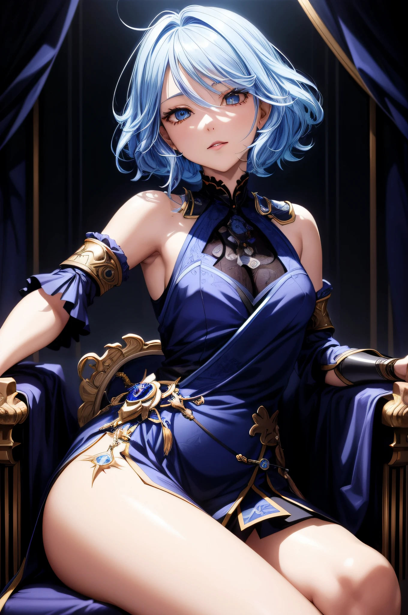 a woman with blue hair sitting on a chair in a dark room, extremely detailed artgerm, portrait knights of zodiac girl, highly detailed exquisite fanart, artgerm. high detail, ! dream artgerm, artgerm on artstation pixiv, 8k high quality detailed art, artgerm. anime illustration, keqing from genshin impact