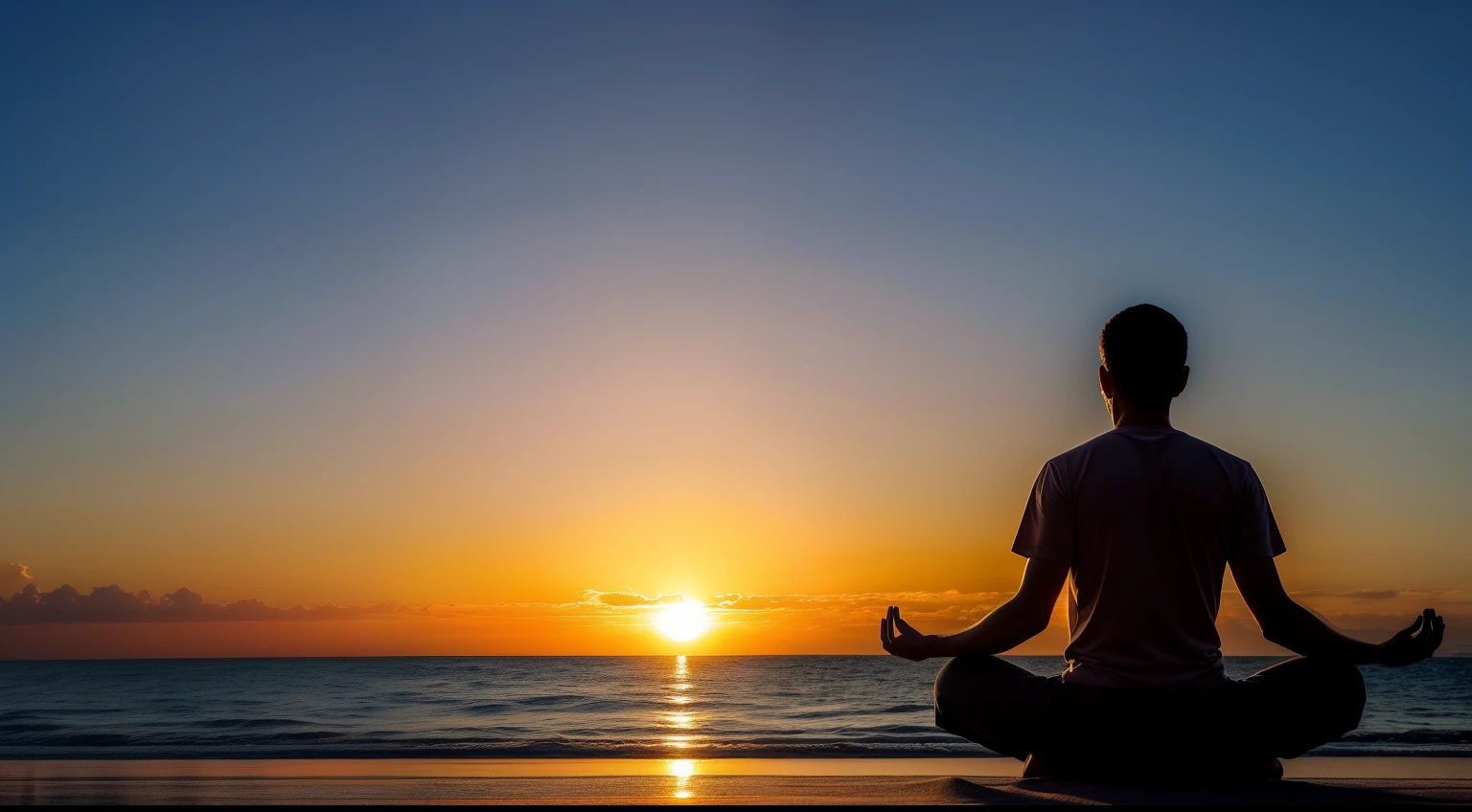 An image of a person in a meditative position with sunrise or sunset in the background. The rays of the sun passing through the person can symbolize inner connection and transformation.