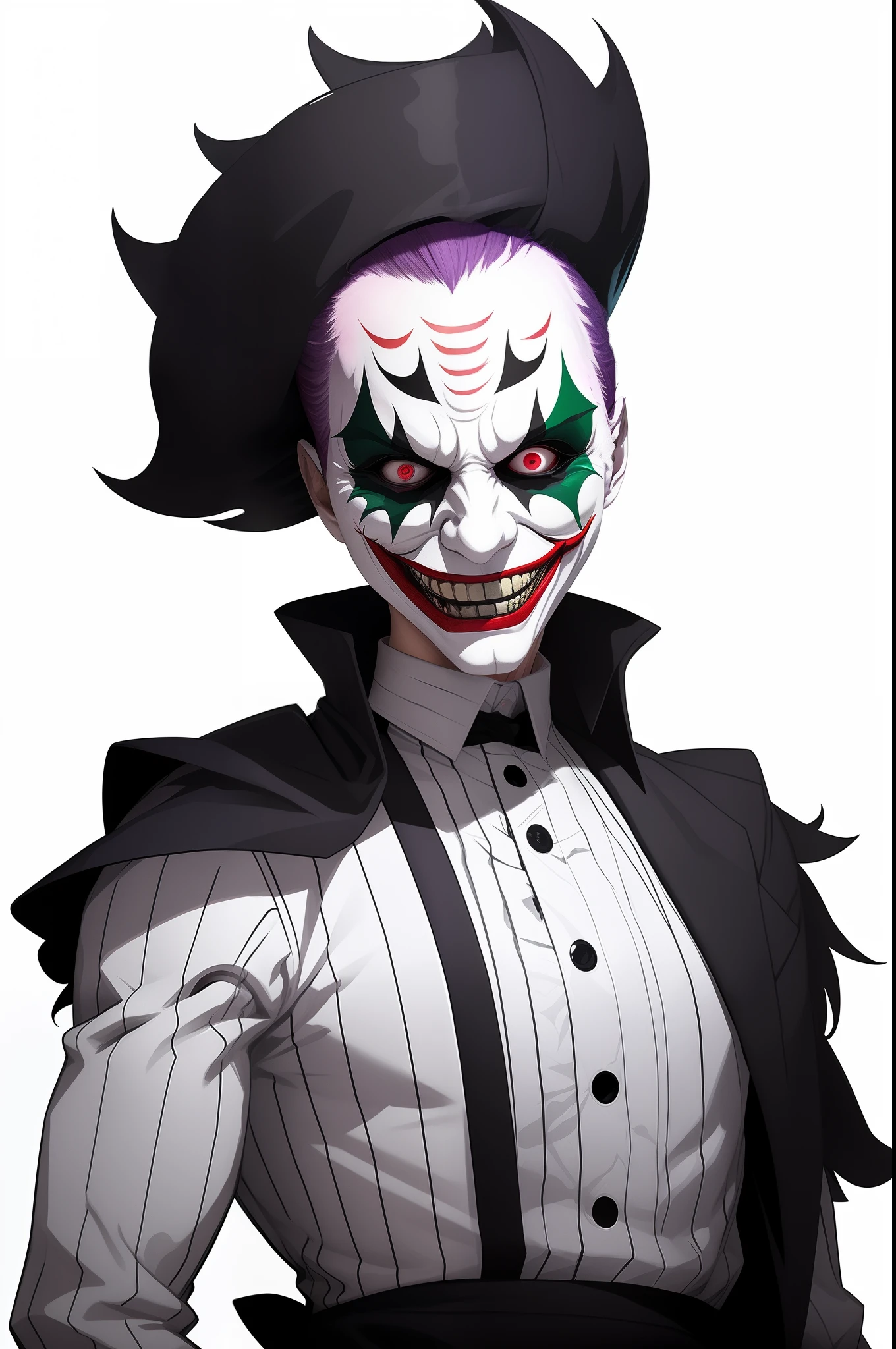 clown hair, new style hair, killer new hair, new hairdesign, joker looks like naruto, grinning sinisterly, digital art from danganronpa, evil smile and glowing eyes (new hair:1.5)