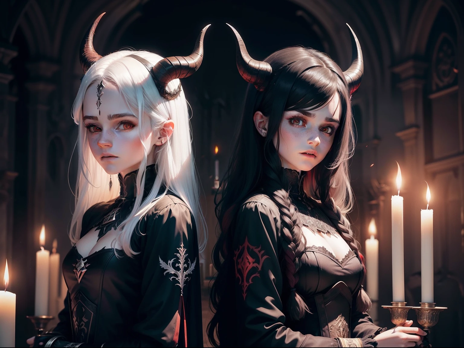 two women, Demons(woman with red hair with black horns and orange eyes)(second woman with white hair and horns, small)