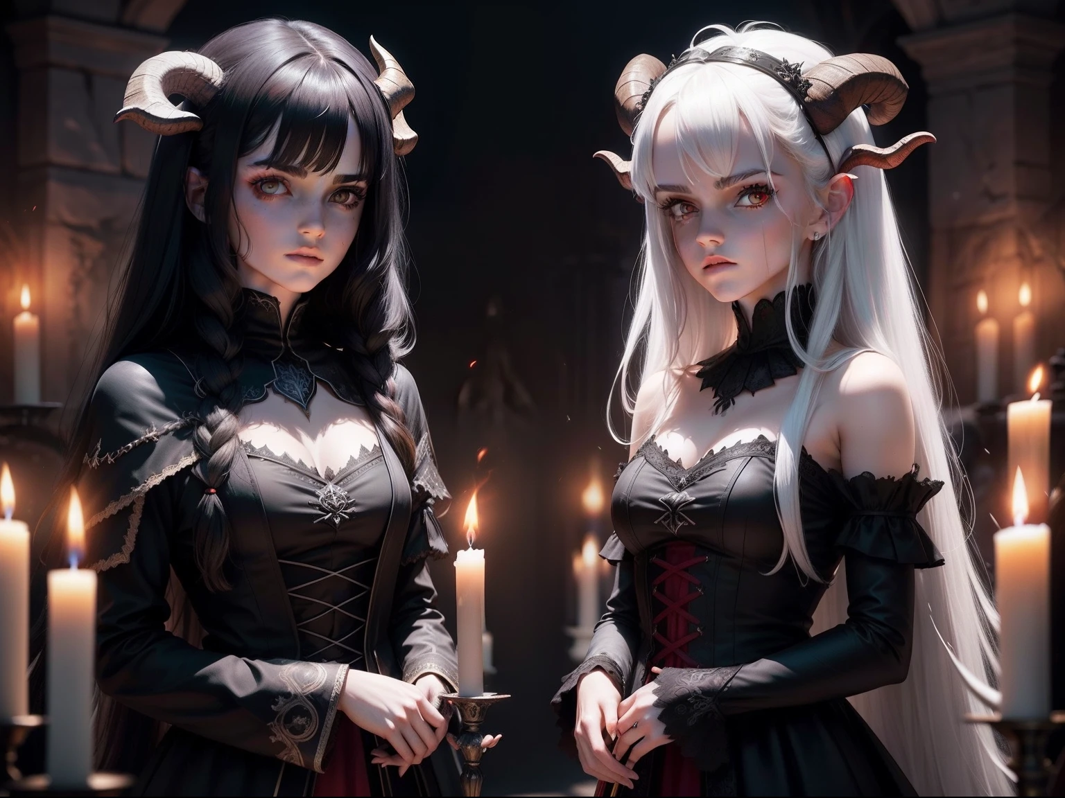 twins Emma Watson as 2 sexy demons, 1st with long black hair and the other with white hair, both with dark red glowing eyes, high definition, detailed, intricate, goat horns, holding a sword, standing in front of a dark alter with flames all around. candles everywhere.