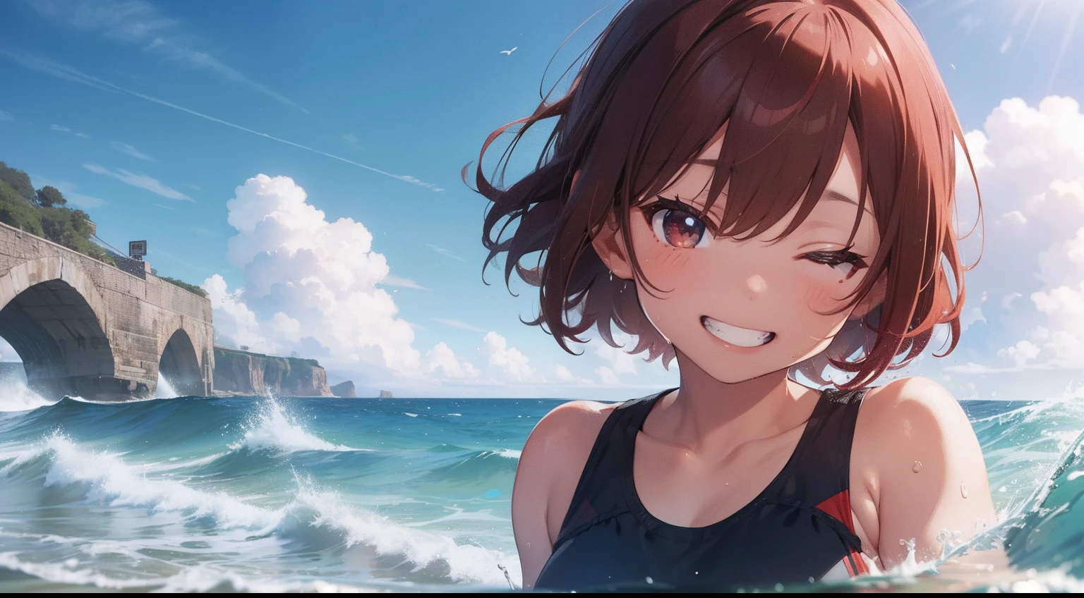masterpiece、Looking up from below、Surfing、Ride the waves on a surfboard、Nice balance、Boyish girl、redhair、Red hair color、Mizukake、Wheat-toned skin、The swimsuit line has tan marks、Tank Tops、Look down with a smile、vast blue sky、Scenes of Youth、Bursting sweat、Into the cloud、1 page of summer、A smile with gritted teeth、Close your eyes and smile、