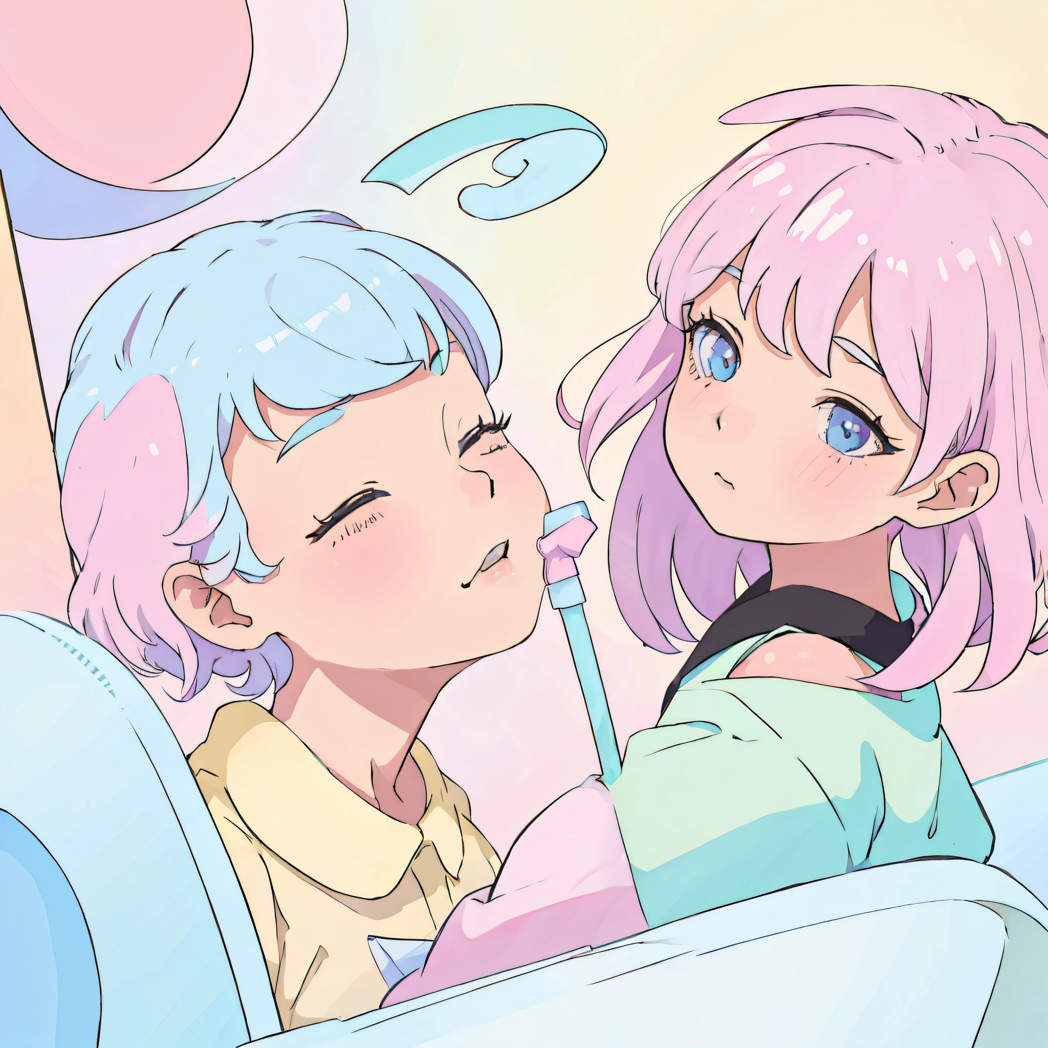 Anime characters sitting and talking in the car, pastel coloring, Cute art style, official fan art, soft anime illustration, in the art style of 8 0 s anime, kissing together cutely, kawaii realistic portrait, detailed fan art, decora inspired illustrations, Anime Art Style, high quality fan art, candy pastel, anime style illustration, 2 d anime style, pastel colors only,1人,sleepy