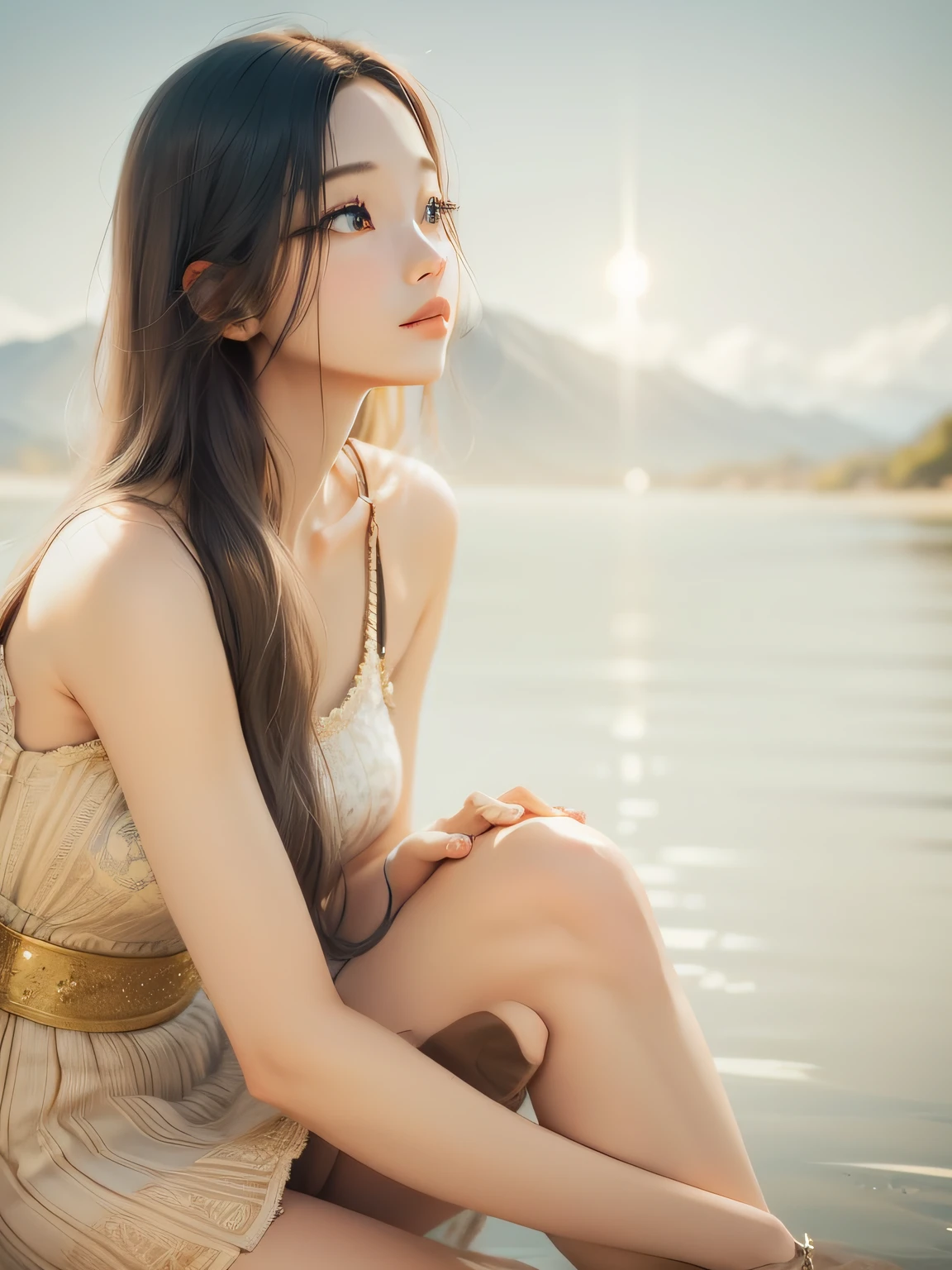 masterpiece,bestquality,8kwallpaper,ultradetailed,ultrahighres,photography,realistic,1girl,solo,Crying,Blackhair,Sidebraid,BREAK,morningglow,pastelsky,cooltones,sunrays,softlight,peacefulatmosphere,earlymorningserenity,