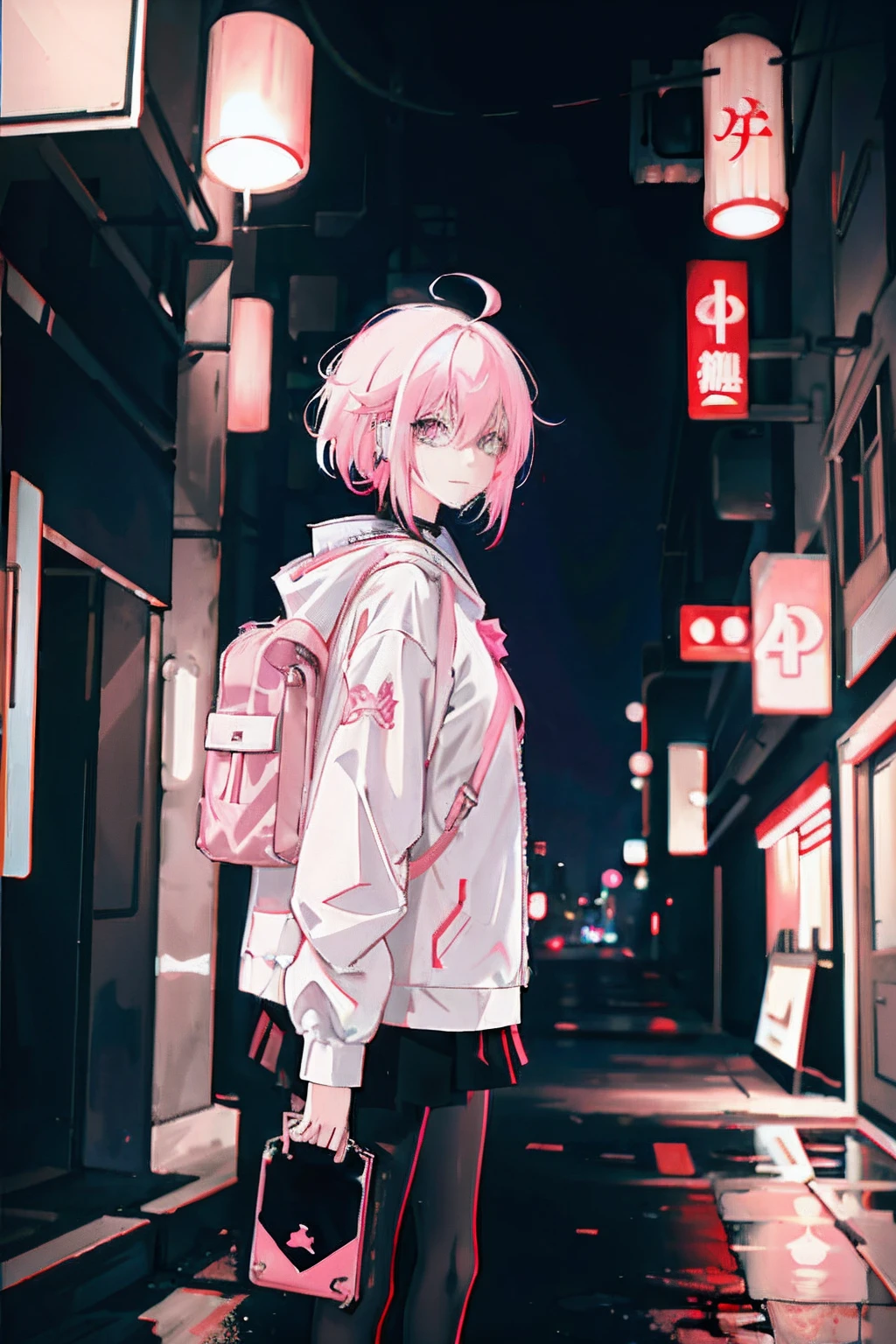 Anime girl with white and pink bleach hair, casual outfit, dark outfit, cyberpunk style, wearing a plasma sword, light clothing, shy look, slight smile, dark eyes, a cyberpunk city in the background, colourful neon sign, anime art style