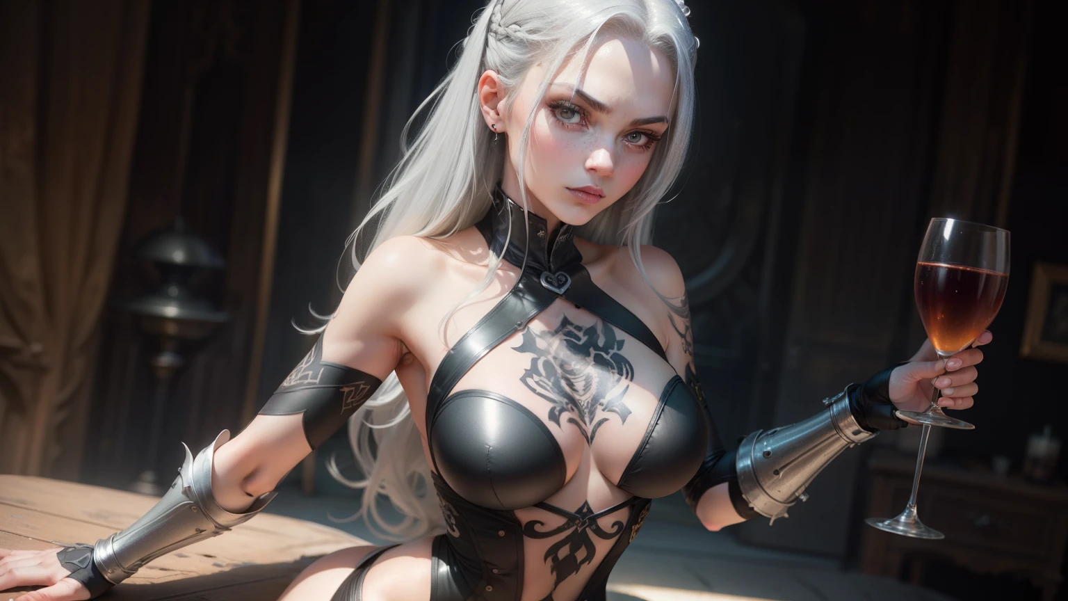 Charming,Senior sister,Abdominal y tattoo,Disgusting gaze,Disdainful face,Tight-fitting leg ring,y tattoo on half-body,Bare skin,Exquisite facial features,Ultimate image quality,1girl,Silver gray hair,Bodysuit,Armored hand,Hidden fingertips,Silver-gray long hair,Bodysuit,Tight-fitting bodysuit,Hand covered,Arm covered,Fist covered,{{beautiful detailed fingers}},1girl,