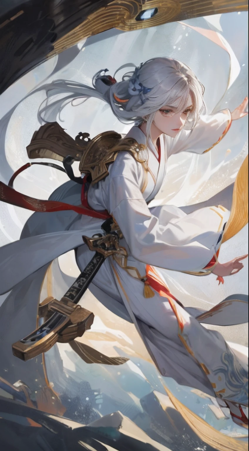 a close up of a woman with a sword in a white dress, trending on cgsociety, fantasy art, beautiful character painting, artwork in the style, white hanfu, flowing white robes, full body wuxia, epic exquisite character art, stunning character art, beautiful female assassin
