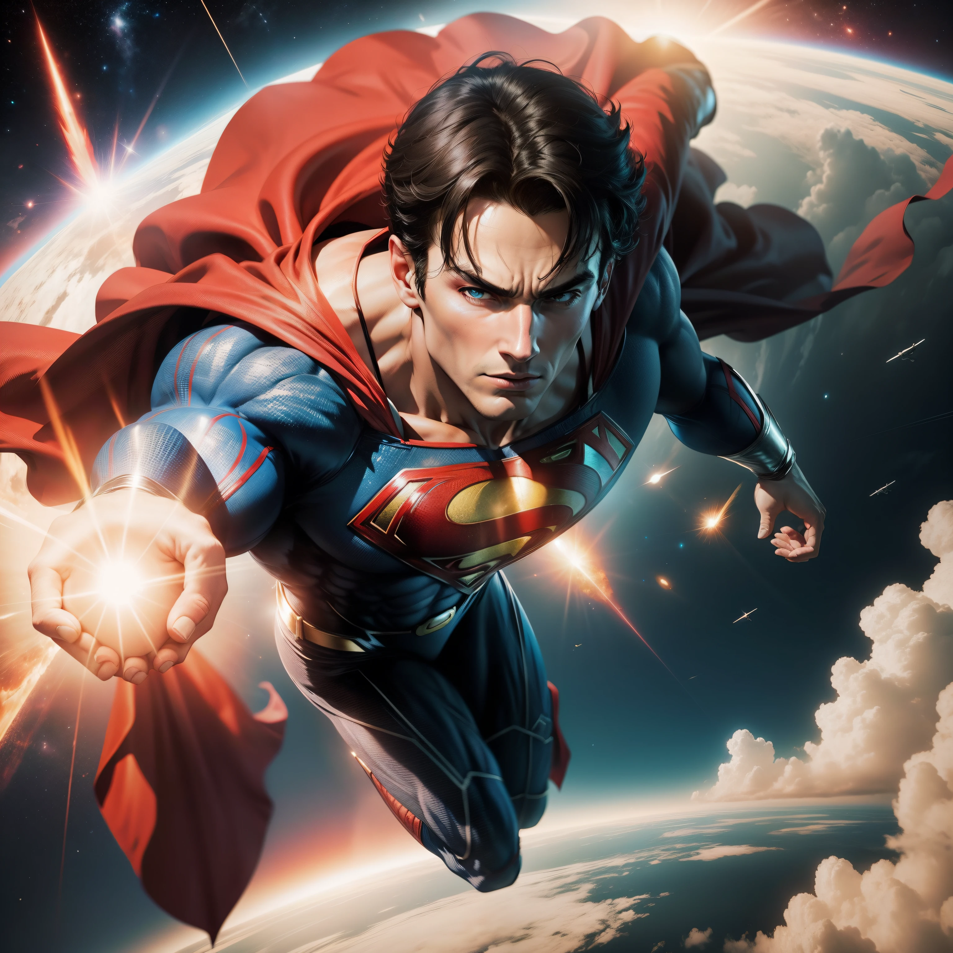 Superman flying in the space, crossing the sun, fighting doomsday, his eyes glowing red