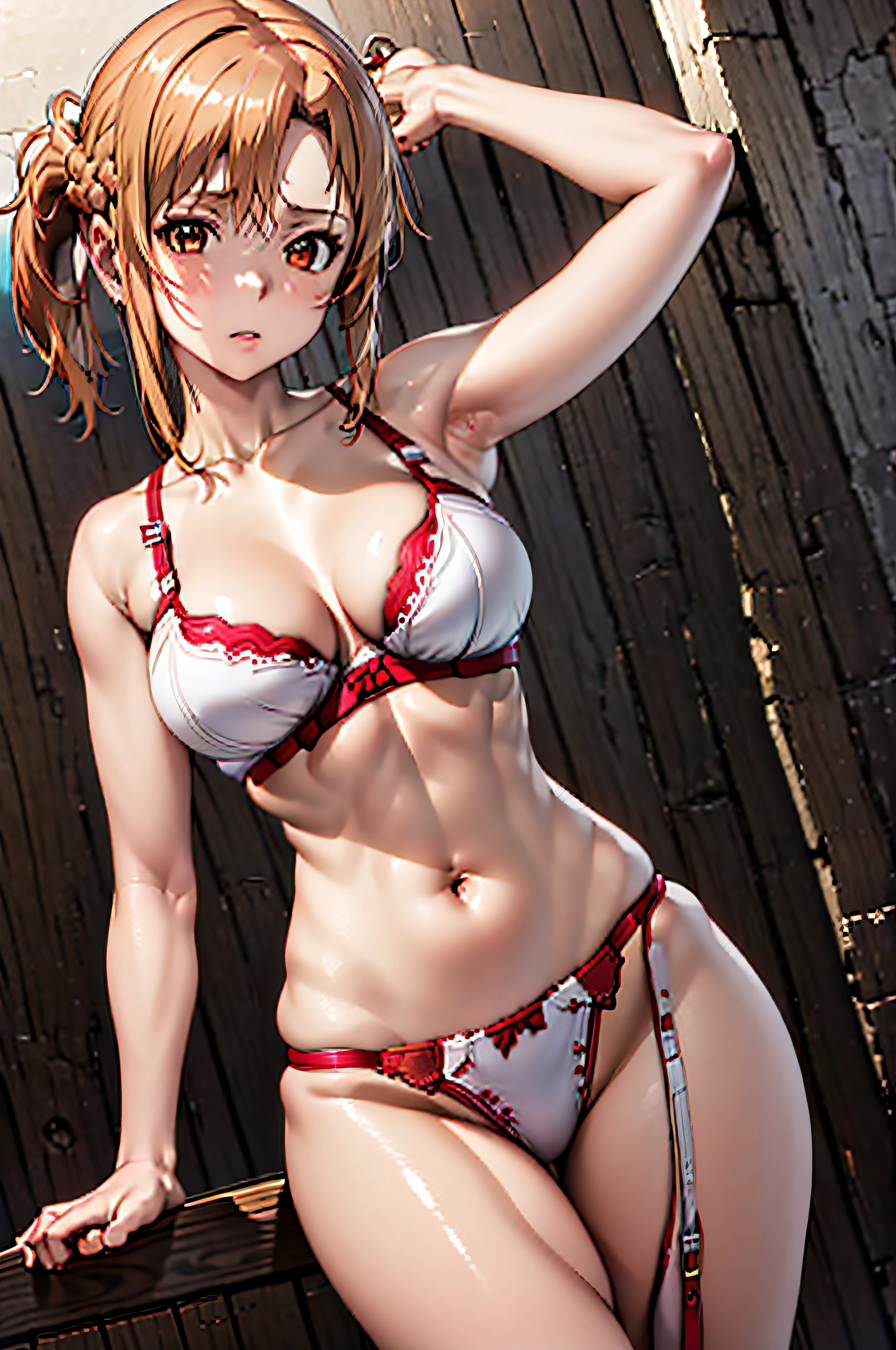 best quality, master part, retrato, 1girl, Yuuki Asuna, brown hair, lingerie, de costas, maos na bunda, sexy position, olhos castanhos, medium breasts, Cabelos Longos, pigtail, Kotbo, luvas brancas, uniforme branco, Botas Brancas, saia vermelha, Pulseiras vermelhas, Olhando para o Viewer, dentro, sorrir,