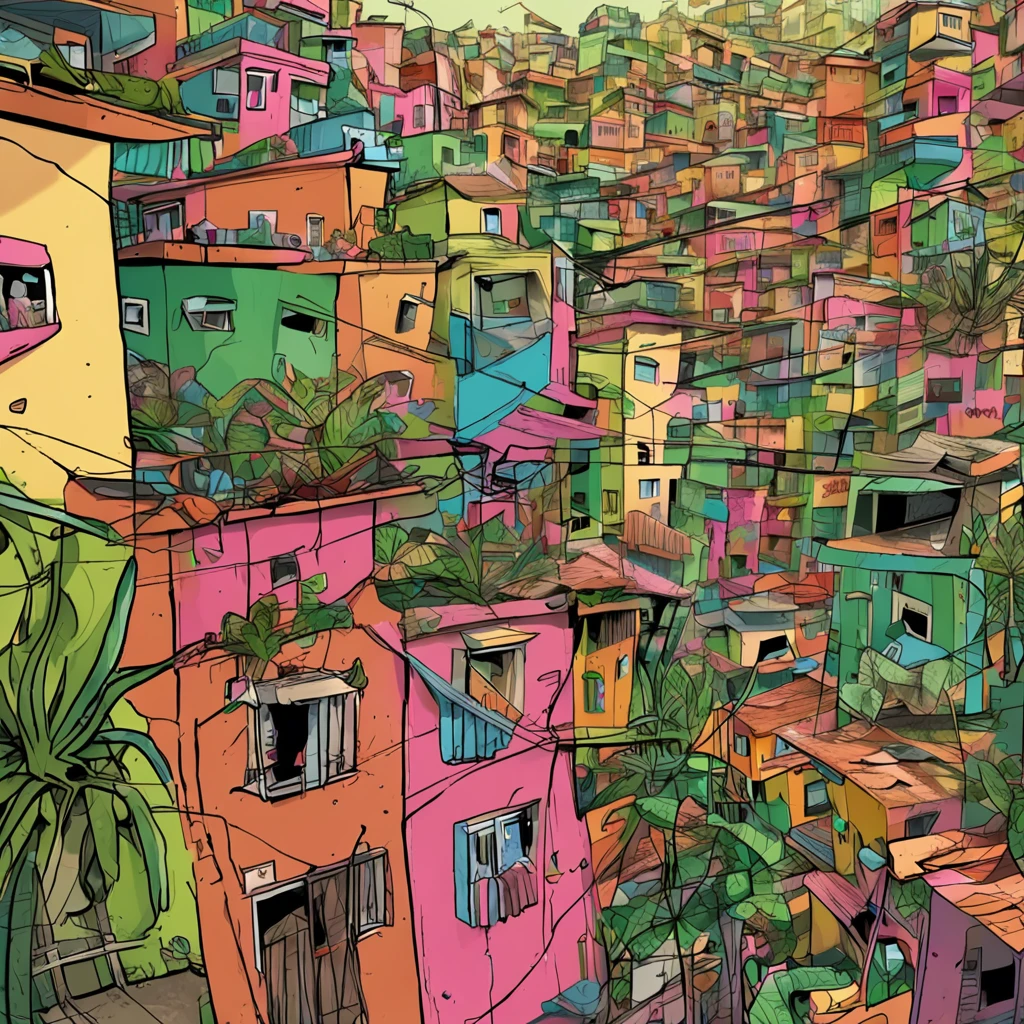 Desenvolver uma imagem com um individuo correndo em uma favela do Rio de Janeiro , com uma mochila verde nas costa, um fone de ouvido, bermuda e tenis. Desenvolver uma imagem,Integrate a visually striking obstacle that symbolizes the challenge to be overcome,Include elements that represent hope and perseverance, like a gentle sunrise beginning to illuminate the horizon.