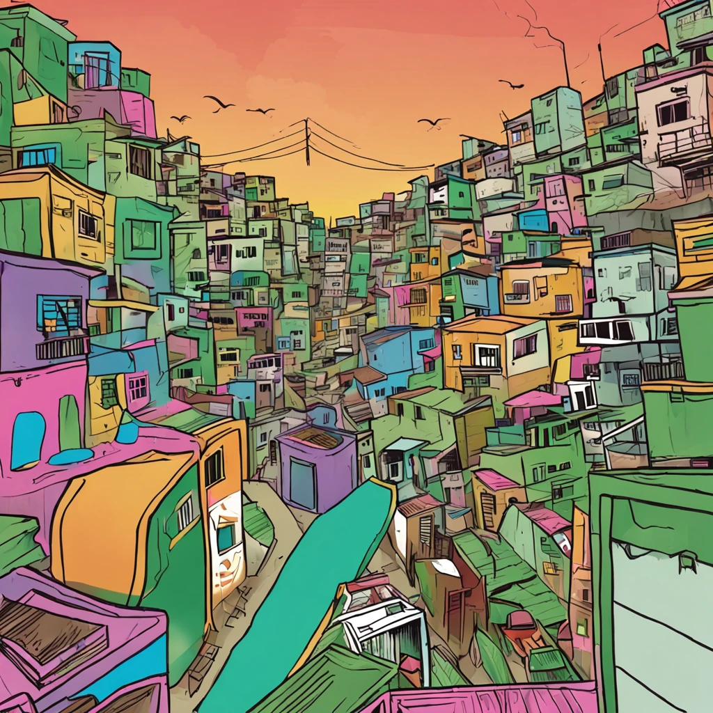 Desenvolver uma imagem com um individuo correndo em uma favela do Rio de Janeiro , com uma mochila verde nas costa, um fone de ouvido, bermuda e tenis. Desenvolver uma imagem,Integrate a visually striking obstacle that symbolizes the challenge to be overcome,Include elements that represent hope and perseverance, like a gentle sunrise beginning to illuminate the horizon.
