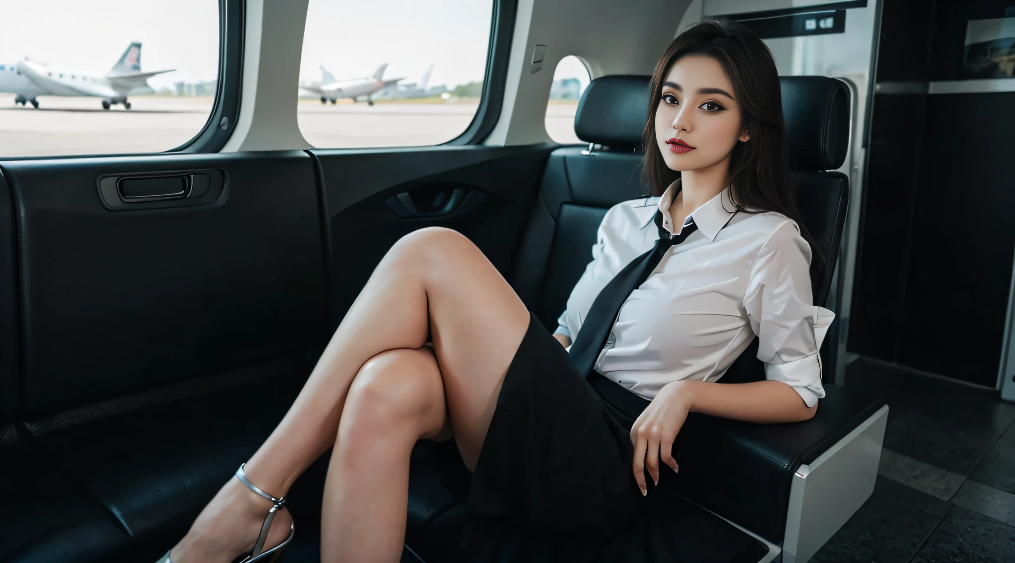 (realisticlying:1.2),South Korean beauties,((Exquisite makeup)),((Exquisite makeup)),((Exquisite makeup)),((Exquisite makeup)),((Exquisite makeup)),((Exquisite makeup)),((Exquisite makeup)),((Exquisite makeup)),((Exquisite makeup)),((Exquisite makeup)),((Exquisite makeup)),((Exquisite makeup)),((Exquisite makeup)),((Exquisite makeup)),((Exquisite makeup)),((Exquisite makeup)),((Exquisite makeup)),((Exquisite makeup)),Gorgeous makeup, Beautiful face,putting makeup on,Beautiful human face,Delicate, Beautiful, Delicate eyes,Delicate eyes,The eyes are deep and bright,The eyes are deep and bright,Young and beautiful,Young and beautiful,big breasts beautiful,big breasts beautiful,Tempting,Tempting,Tempting,,The face is delicate and cute,The face is delicate and cute,Elegant makeup,Move,(33-year-old mature woman:1.3),(flightattendantuniform, black cloaths:1.2, transparent white shirt:1.2, black necktie, Silver square stud earrings:1.2, Medium ruffle skirt:1.3, Clear black stockings cover the legs:1.3, White stiletto heels:1.2), lipsticks, Beautiful scenery in space, Fly in the sky, Heavenly, Aircraft cabin, hyper realistic background:1.2,A full-body photo:1.2, (Sit down,Crossed legs:1.7), Super white skin, Casual hairstyle,brunette color hair,Sexy lips,huge tit,Breasts and breasts squeezed together,hyper HD,High quality,Masterpiece,ssmile,Beautiful slender legs,Unique and delicate fingers,