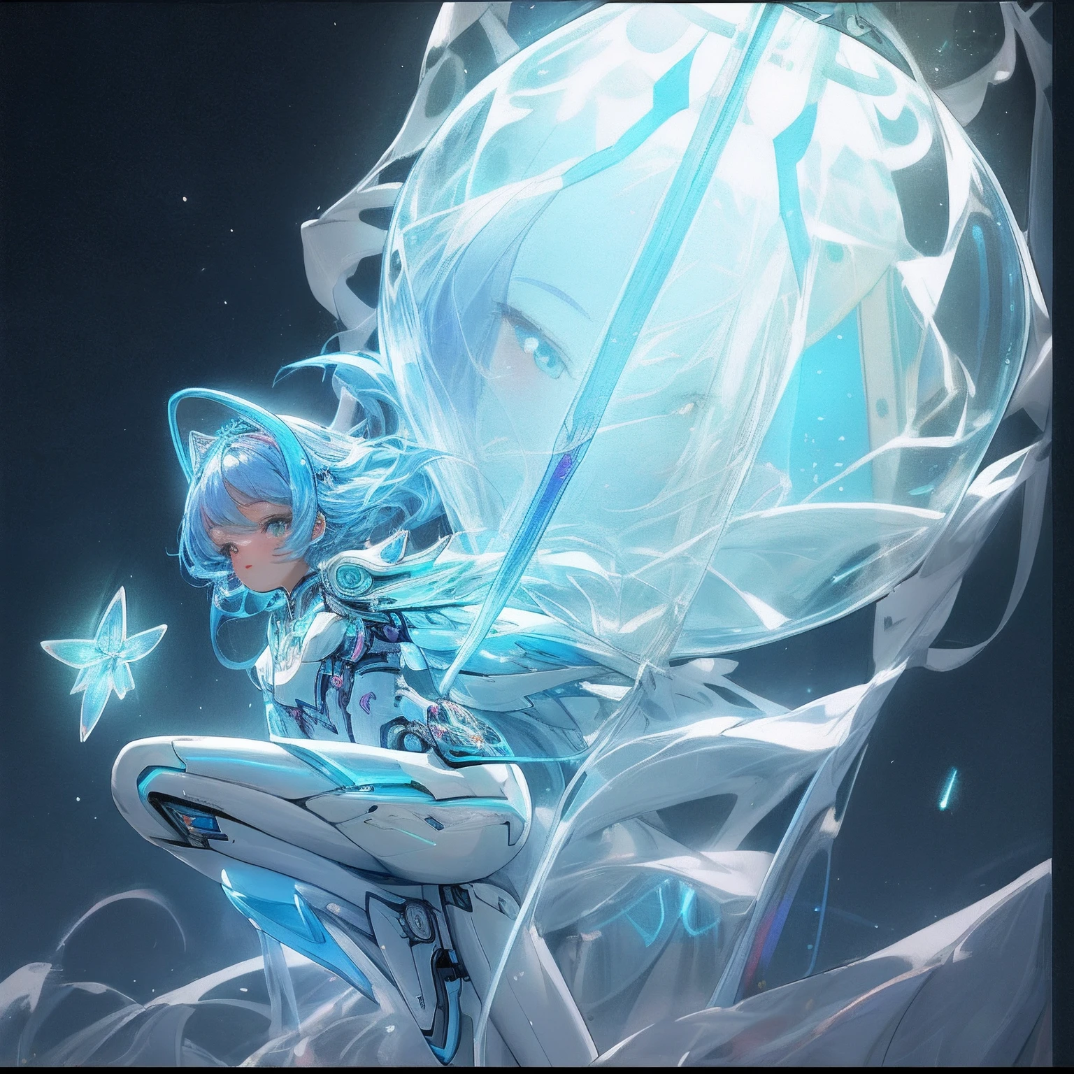 (masterpiece, highest quality: 1.3), (16k, high resolution: 1.3), beautiful teen girl, mechanical body, transparent skin, cinematic light, bioluminescence, very cute and beautiful korean woman Idol, staring at the viewer, dignified eyes full of determination,