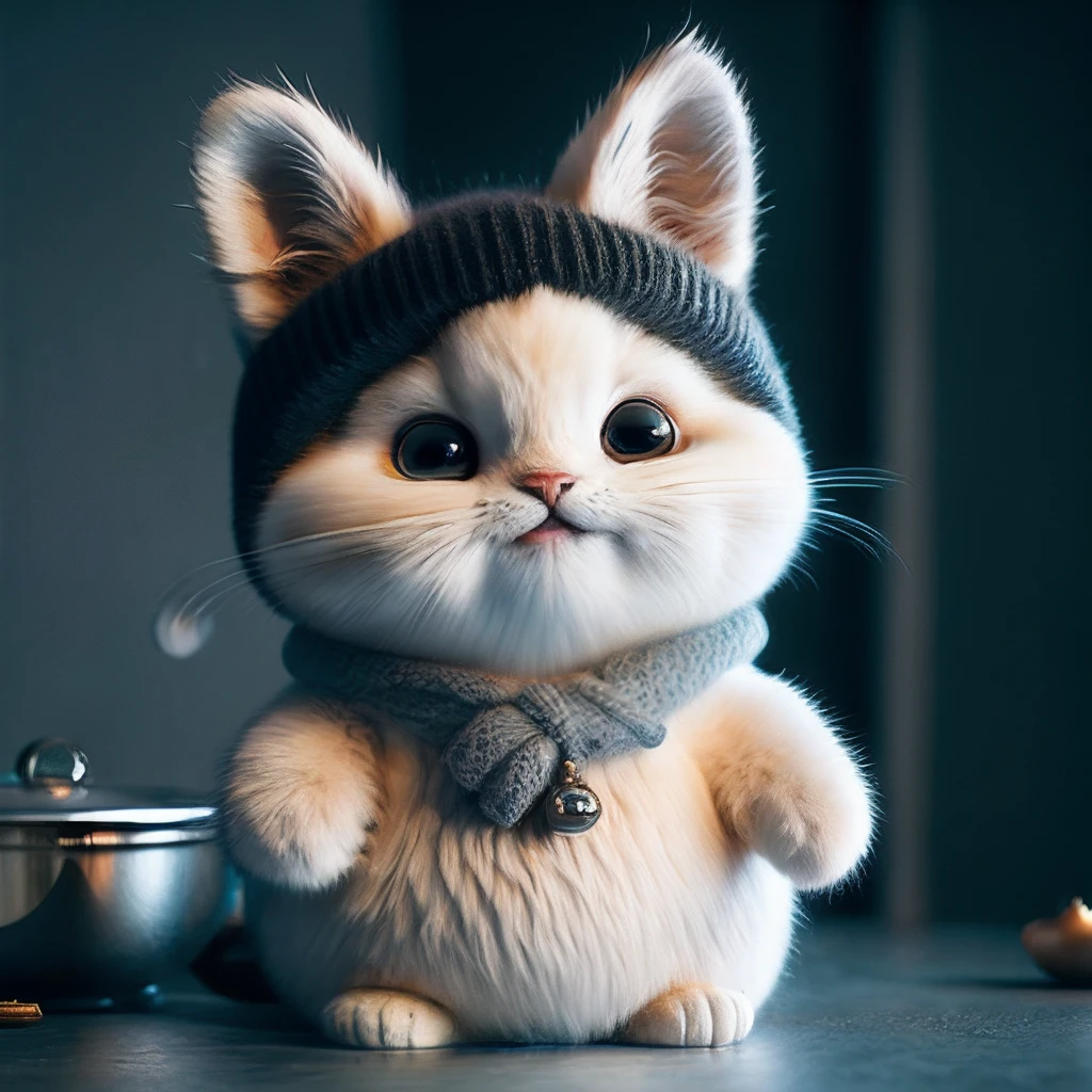 cat, Silver ash ,white, fat, garfield, no_humans, depth of field, disney style, DARK_Glam, dressed as a chef, The cat is in the kitchen, deep shadow, (dark: 1.4), backgroundbokeh,(8k, RAW photo, best quality, masterpiece: 1.2), big expression happy with mouth