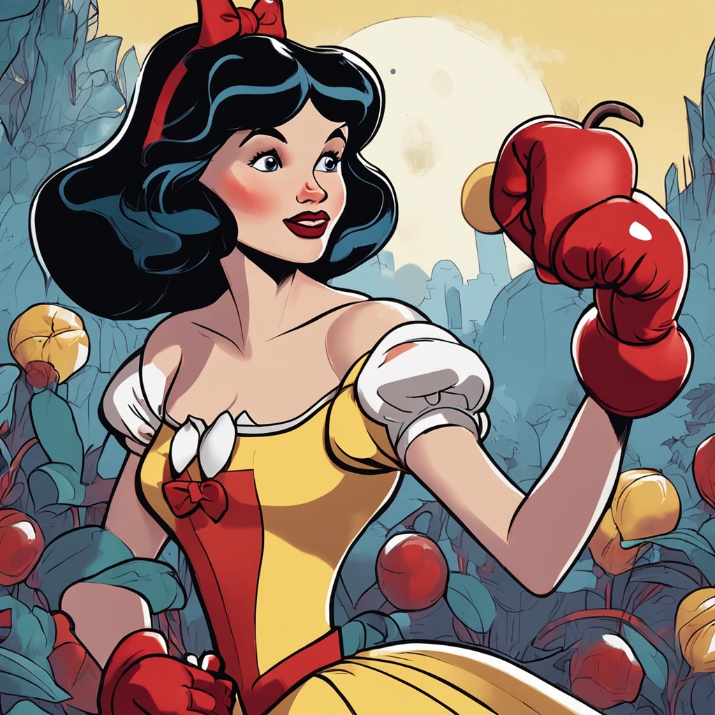 (best quality, masterpiece), 1girl, midle-age, right top side view, dressed as Snow White ((Disney)), dark short hair, Boxer, yellow dress, ring, alf body, full arms and hands, stage light, boxing Red big gloves, atack Fighting, full flat black background, no lights