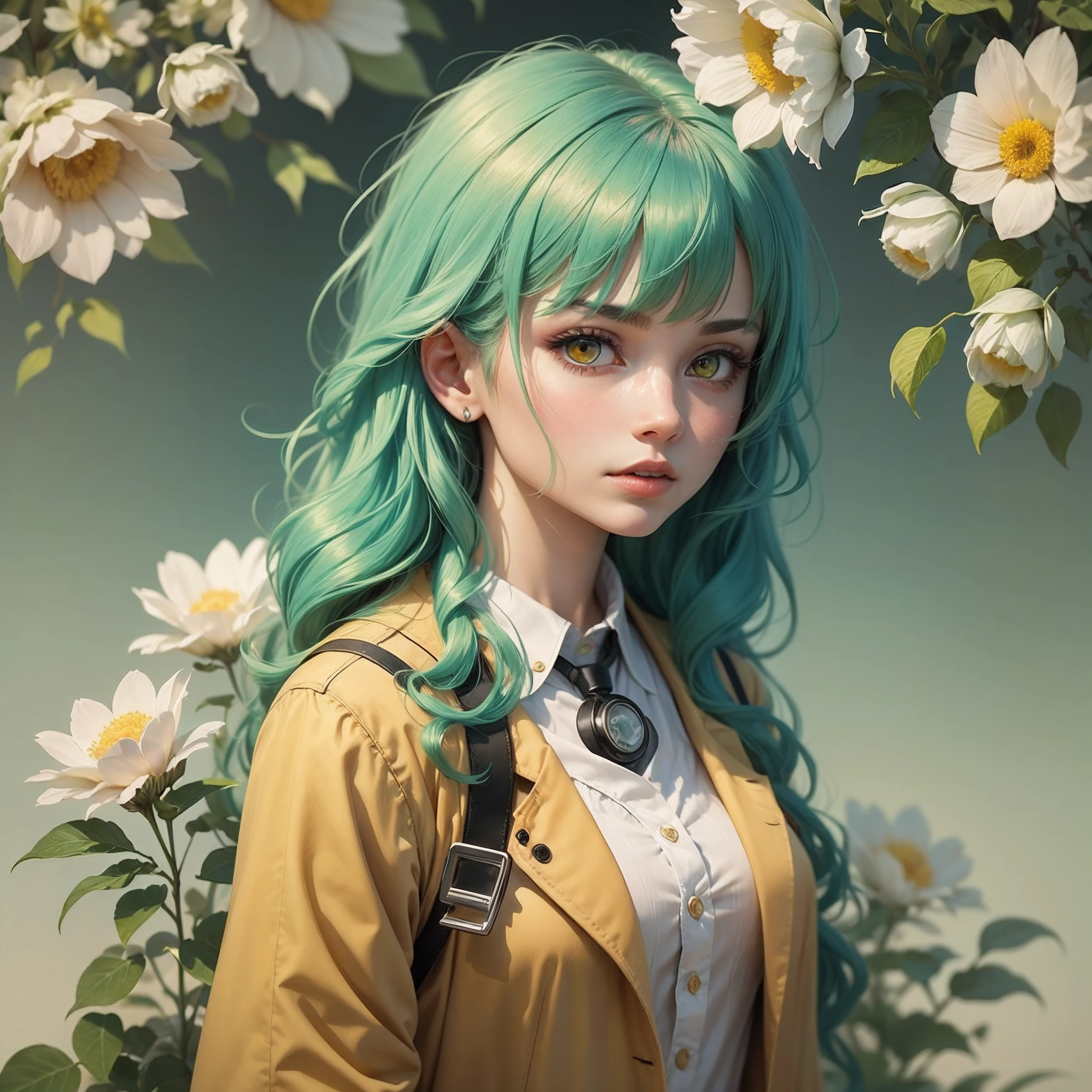 girl with green hair, yellow eyes, wearing a doctor's coat, surrounded by flowers, illustration --auto --s2