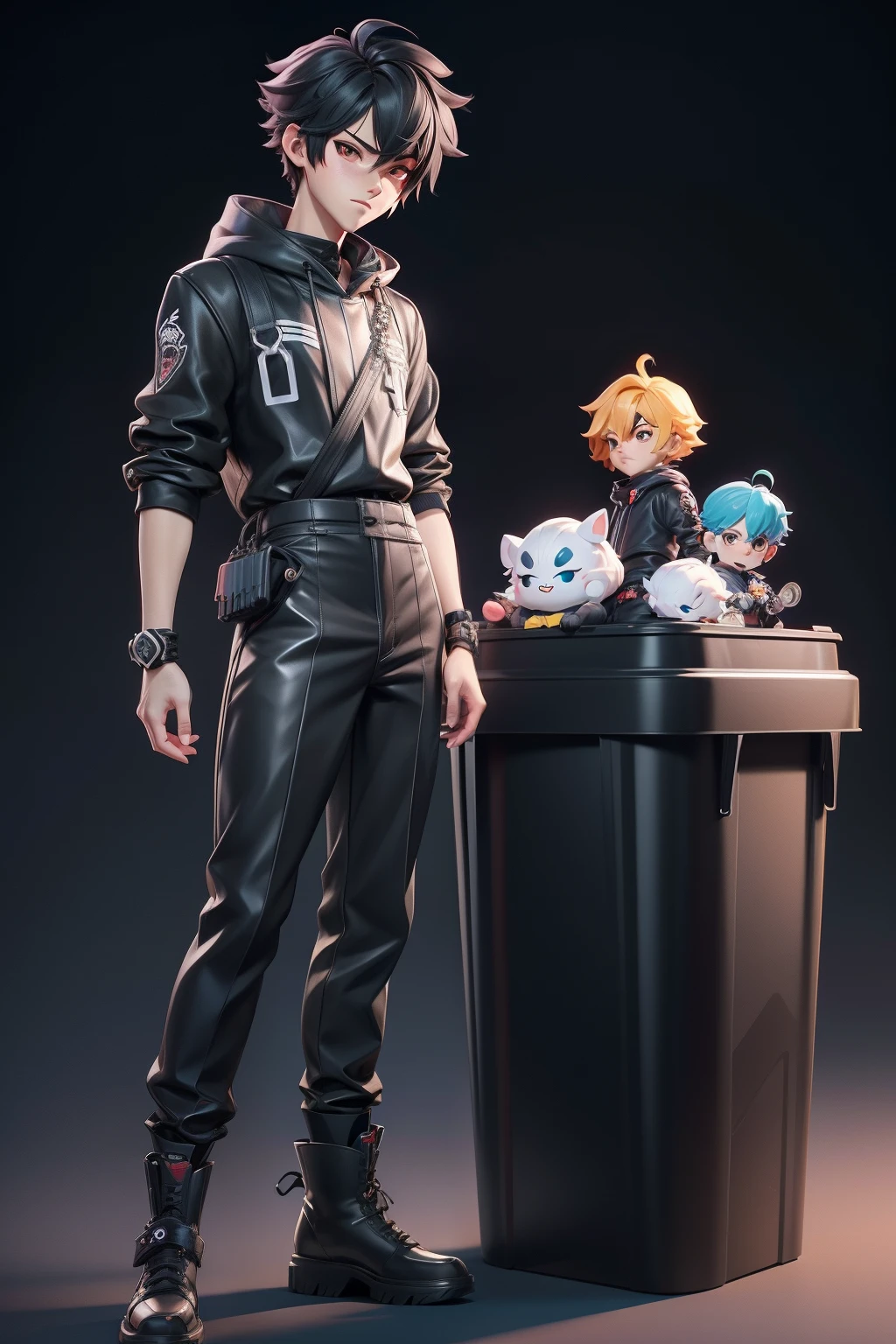 Libido boy，Other garbage，"Other bins"（Personification）（human figures）（boy）cartoony，Anime art concept art, （3D stereoscopic）（The color scheme is mainly black of "Other Trash Cans"）Illustration style，Manhwa Style，Anime art concept art, Official illustration[Three-dimensional feeling][Lovely wind][Card ventilation][真实感]