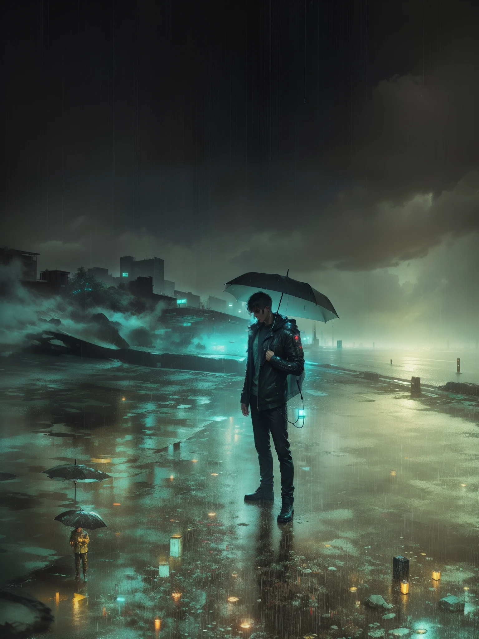 Handsome boy standing in rain , cyberpunk, sad