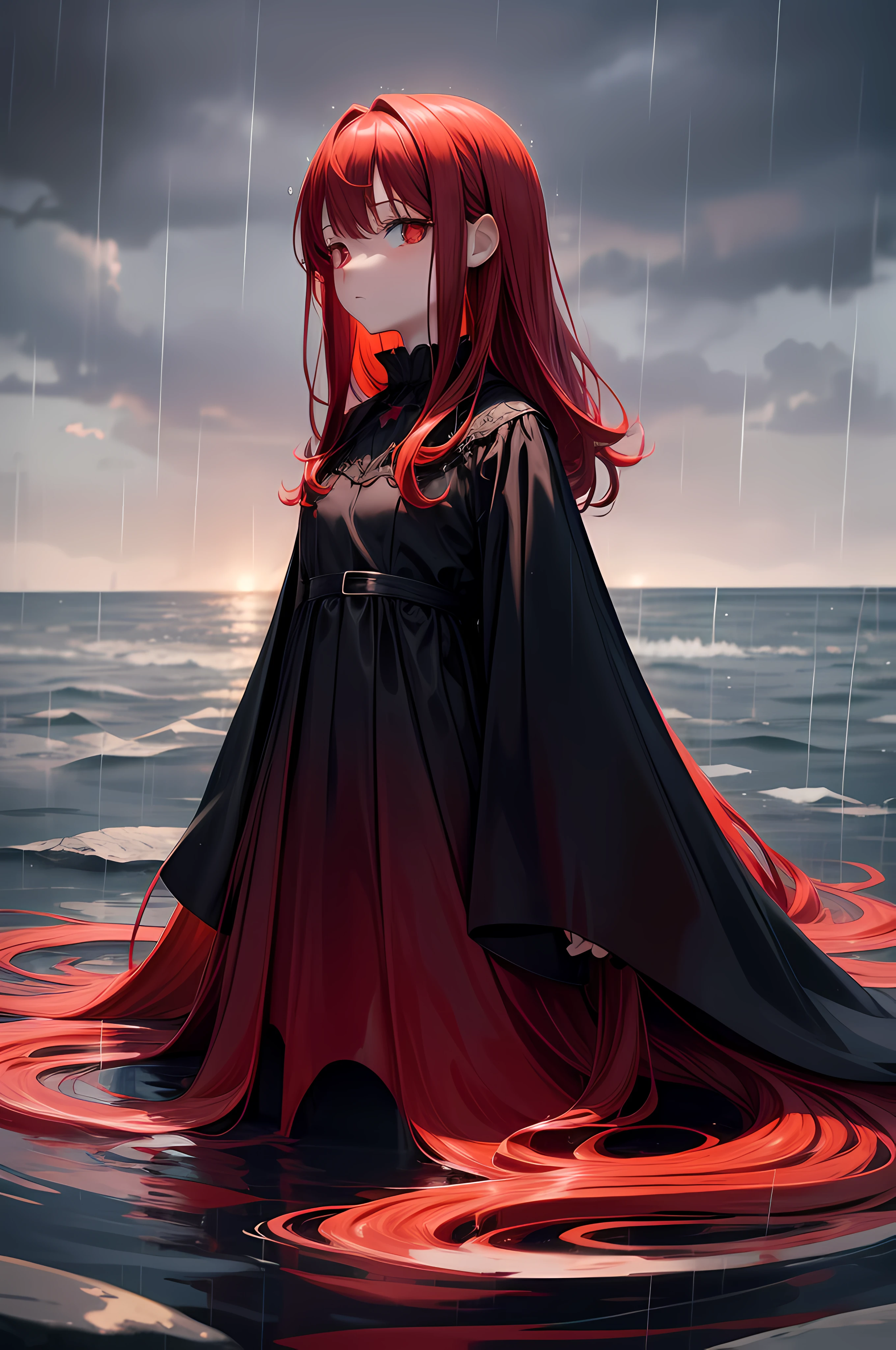 1girl ,alone ,rainy weather ,floating on sea ,long red hair ,red eyes ,with a face that feels nothing ,bored and overwhelmed by everything ,dark weather , girl ,dressed elegantly in a full-body black gown ,looks glow