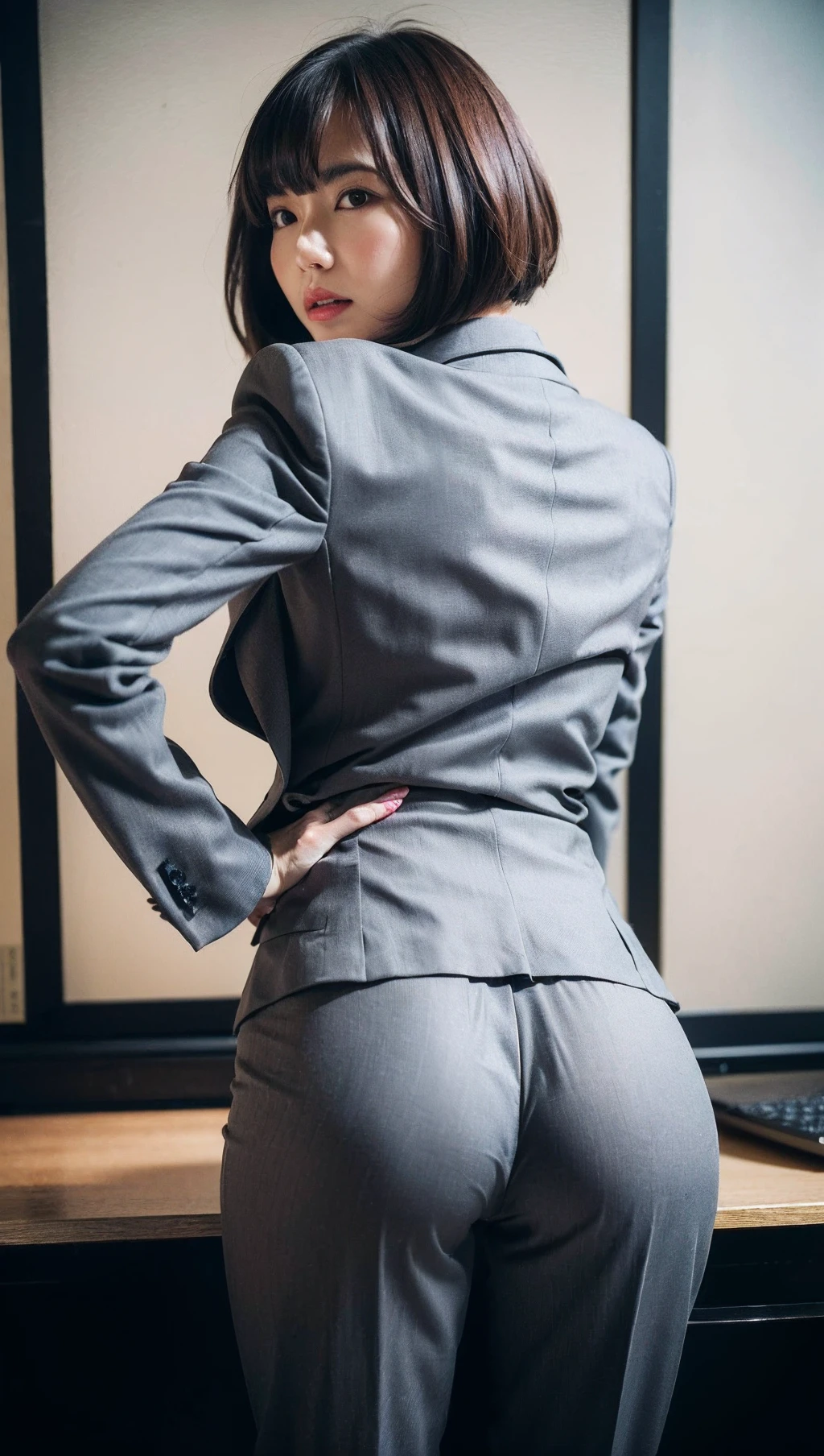 (Best quality, 8k, 32k, Masterpiece, UHD:1.2), 1girl, beautiy Japanese woman, narrow waist, grey suit, open jacket, office lady, suit, pants, from behind, office room, desk, (stick out one's buttocks:1.2), detailed face, short hair,