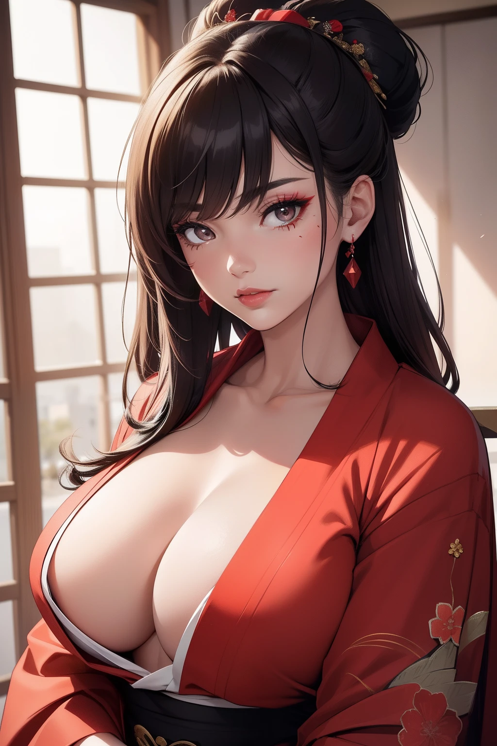 (masterpiece, best quality, 4k, photorealistic, cinematic, ultra-detailed), full body shot, wide shot, perfect anatomy, curvaceous body, perfect eyes, perfect hands, large chest, long round legs, 1 girl, Komagata Yumi, a slender, yet voluptuous woman with black hair pinned in a bun, light brown eyes, and a small beauty mark under the left side of her lower lip, wears a red kimono which is opened intentionally at the collar, and hangs loosely over her upper arms, exposing her décolletage, particularly well-groomed and made up, wears heavy eye shadow and bright lipstick