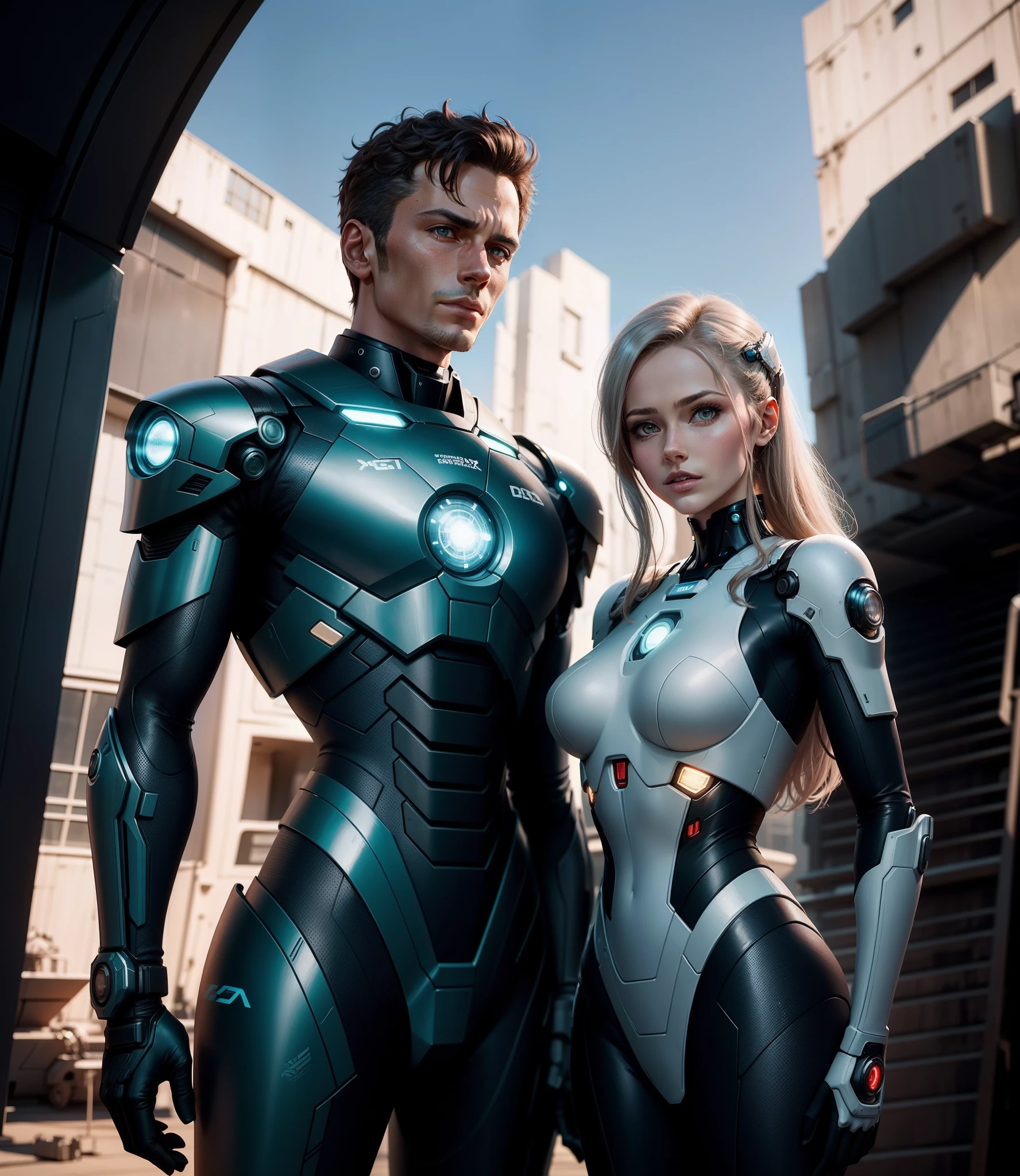 Full HD, SDXL , digital art style image of A gentle couple standing on the dacyard Infront of futureistic, sci-fi ,2090 ship,in cyborg clothes