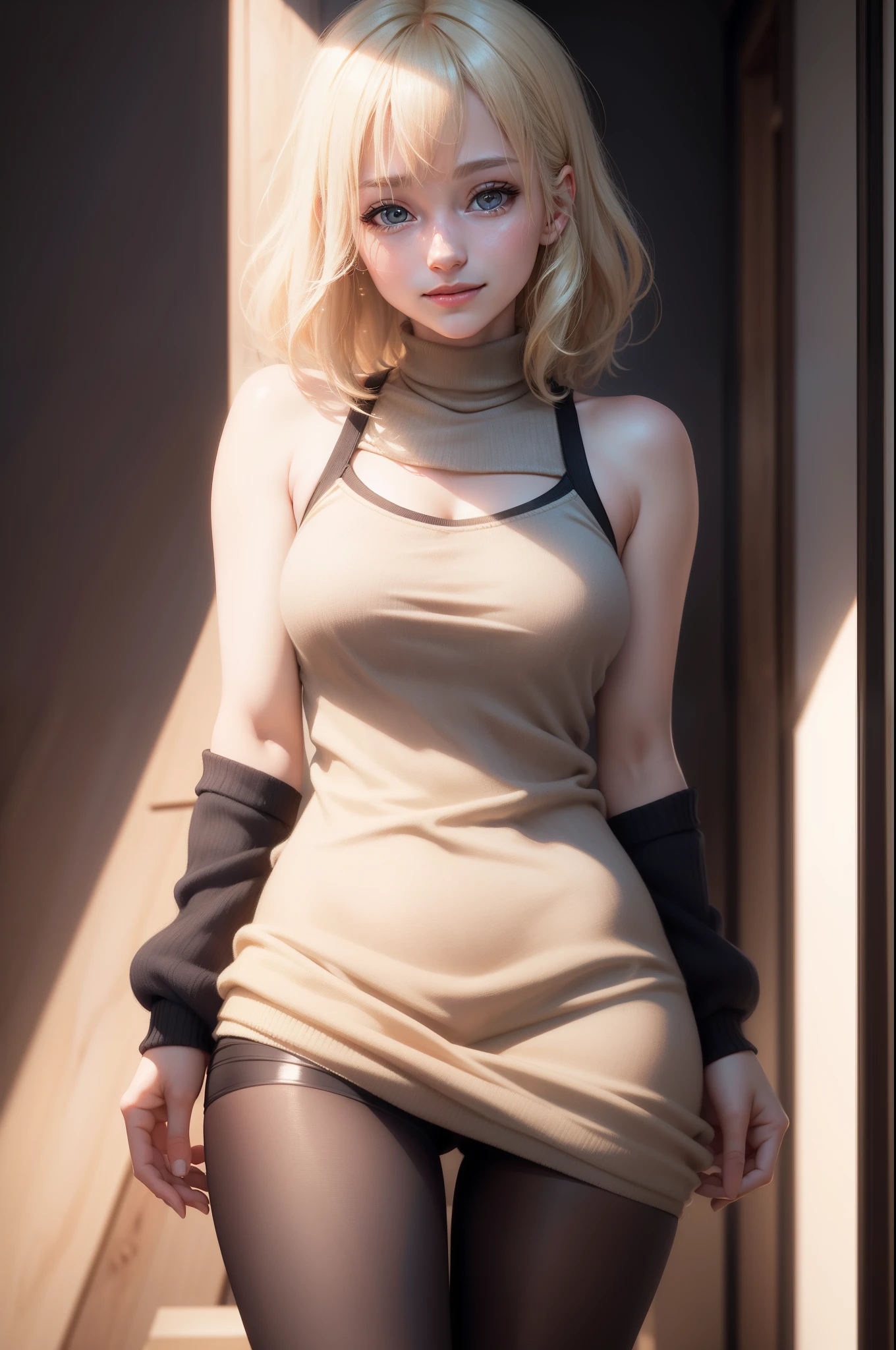 HD CG Unity 8k realistic，top Quority，Super delicate masterpiece，A cute girl who is extremely delicate，25 age old，blond hairbl（1.4），dyed blonde，Round eyes，Shy gaze，Bright smile，Half-body shooting，Sleeveless sweater，Cafe，short detailed hair。