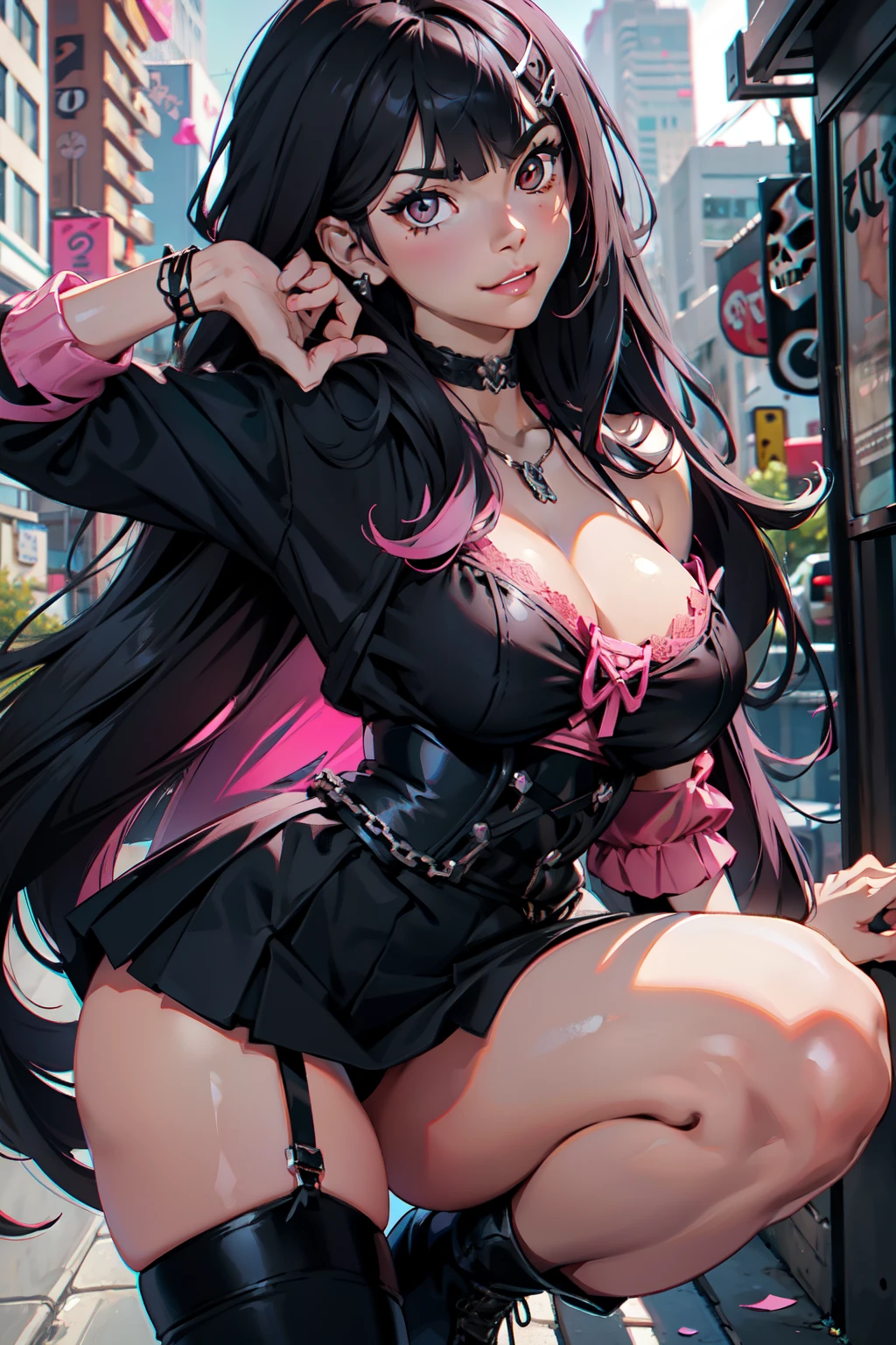 long hair, black hair++, pink hair++, brown eyes+++, blunt bangs++, cleavage++, tousled hair, best quality, smirk++, large breast, narrow waist, petite, plump lips+, thick lips++, long lashes+, black mini skirt++, pink corset+++, fishnets++, garter belt++, black combat boots++, lace detailing++, skull necklace++, piercings, jewelry, hairclips+, outdoors background+, blurry background, close up, leaning forwards++, HD++, 8K+++, highres, thick thighs,