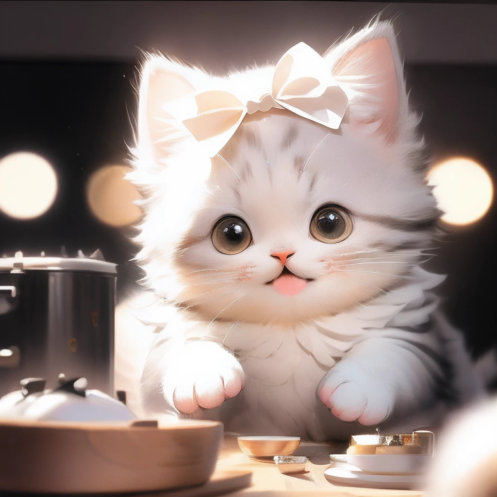 cat, Silver ash ,white, fat, scottish fold, no_humans, depth of field, disney style, DARK_Glam, dressed as a chef, The cat is in the kitchen, deep shadow, (dark: 1.4), backgroundbokeh,(8k, RAW photo, best quality, masterpiece: 1.2), big expression happy with mouth