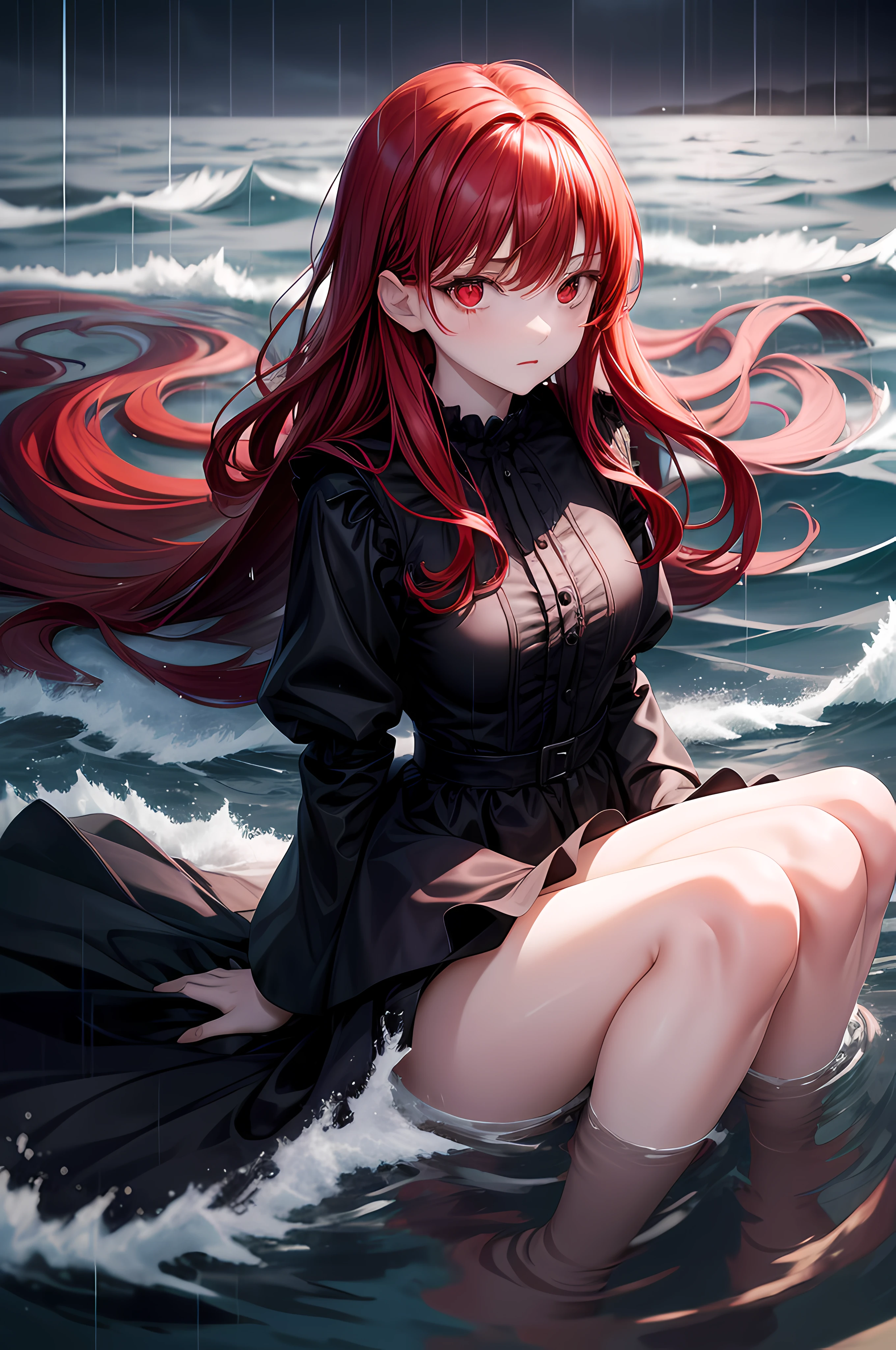 1girl ,alone ,rainy weather ,floating on sea ,long red hair ,red eyes ,with a face that feels nothing ,bored and overwhelmed by everything ,dark weather , girl ,dressed elegantly in a full-body black gown ,looks glow