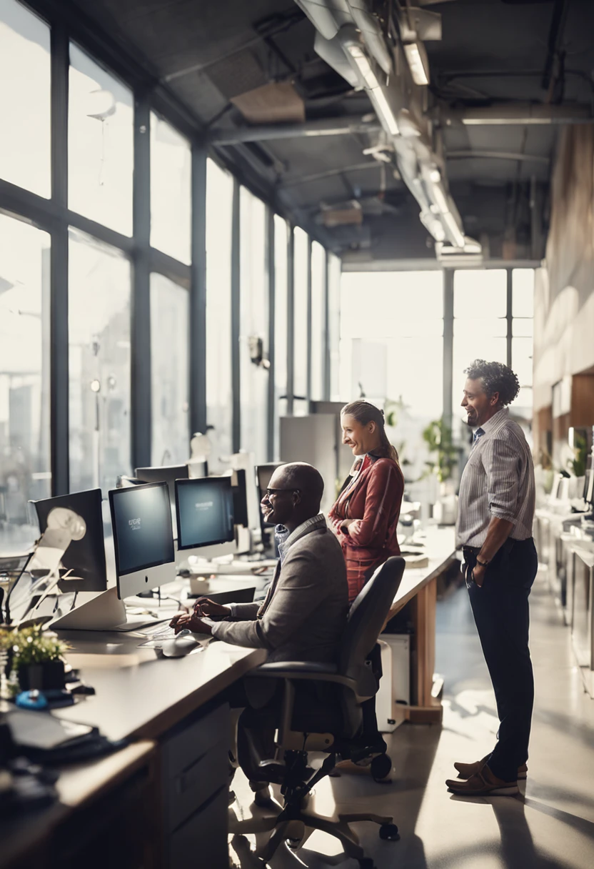 A serene customer care support scene within a modern office, a representative engaged in a friendly conversation with a smiling customer, sunlight filtering through tall glass windows, neatly organized desks and computer monitors, capturing the warmth and helpfulness of the interaction, Photography, using a Canon EOS 5D Mark IV with a 50mm prime lens, f/2.8 aperture