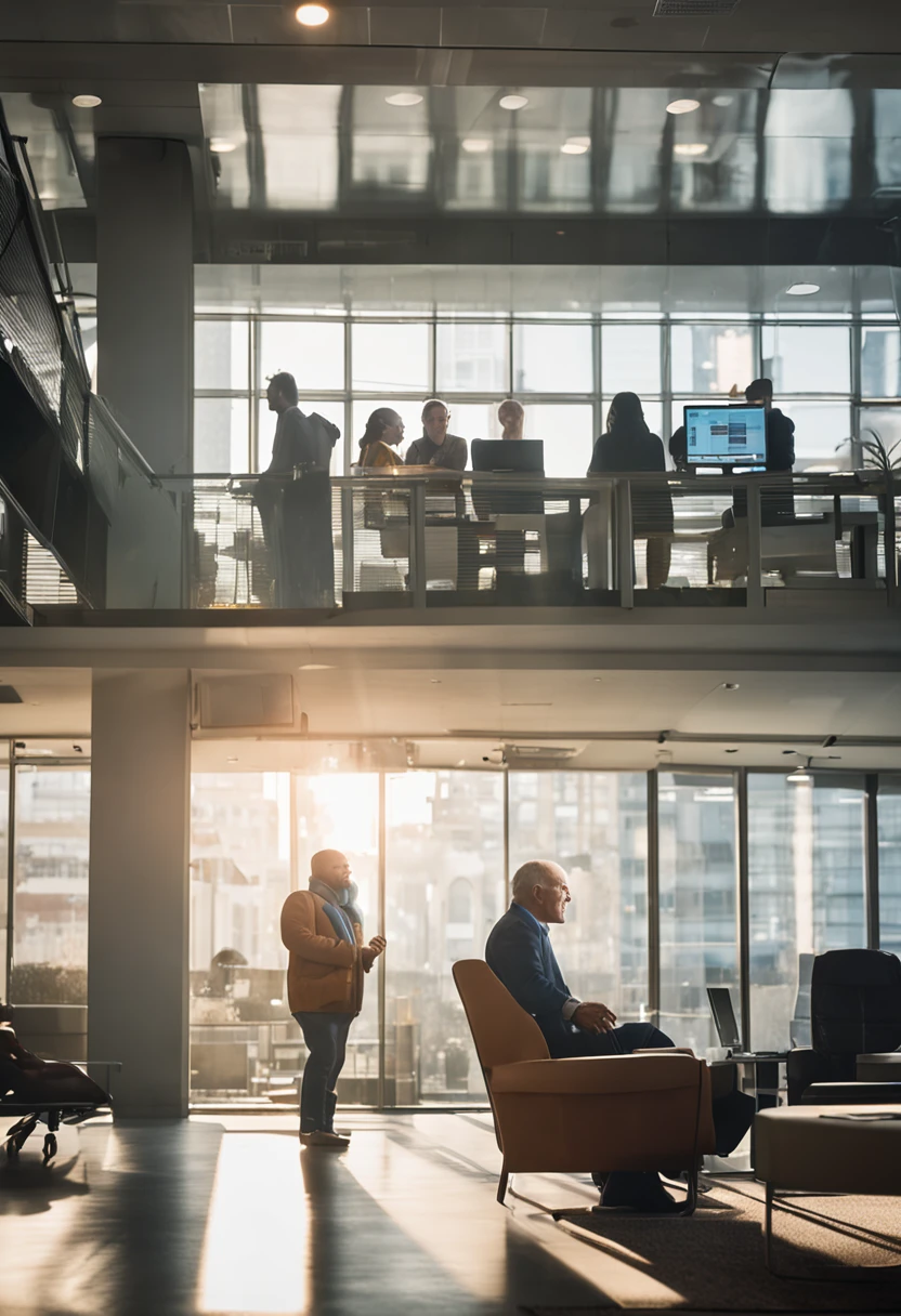 A serene customer care support scene within a modern office, a representative engaged in a friendly conversation with a smiling customer, sunlight filtering through tall glass windows, neatly organized desks and computer monitors, capturing the warmth and helpfulness of the interaction, Photography, using a Canon EOS 5D Mark IV with a 50mm prime lens, f/2.8 aperture