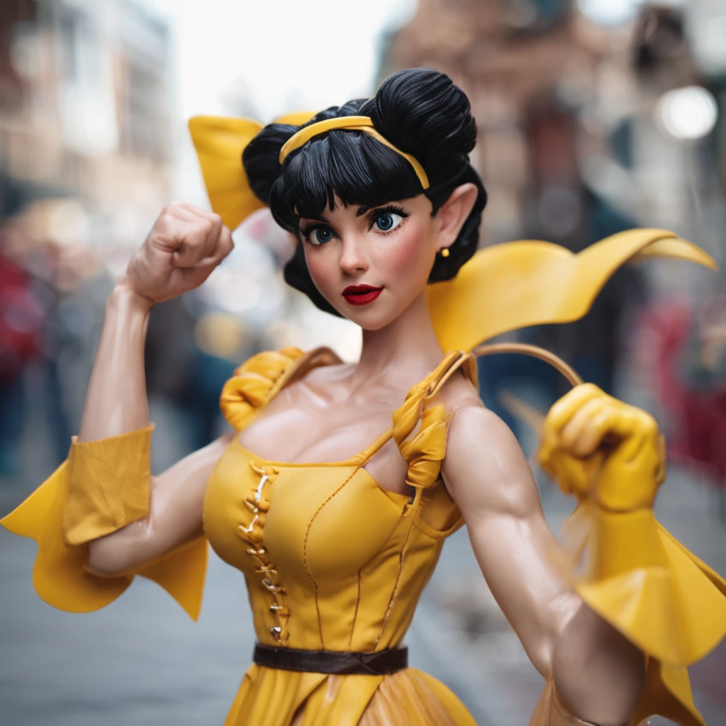 ((Best quality, 8k, Masterpiece: 1.3, raw photo)), Sharp focus: 1.2, (1 AESPA girl: 1.1),, face focus, cute face, small breasts, 1girl, midle-age, right top side view, dressed as Snow White ((Disney)), yellow dress, dark short hair, Boxer, Yellow dress, ring, alf body, full arms and hands, stage light, Boxing Red big gloves, atack Fighting, full white black