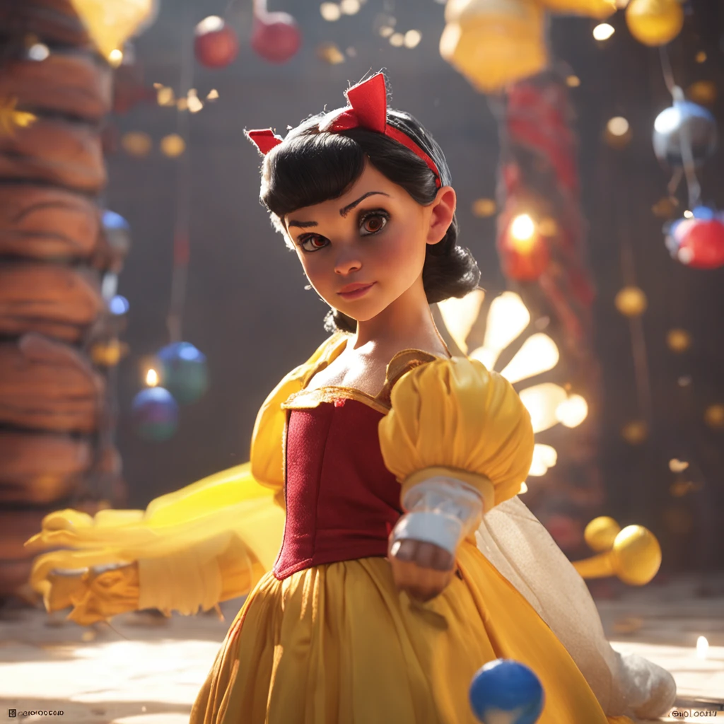 ((Best quality, 8k, Masterpiece: 1.3, raw photo)), Sharp focus: 1.2, (1 AESPA girl: 1.1),, face focus, cute face, small breasts, 1girl, midle-age, right top side view, dressed as Snow White ((Disney)), yellow dress, dark short hair, Boxer, Yellow dress, ring, alf body, full arms and hands, stage light, Boxing Red big gloves, atack Fighting, full white black