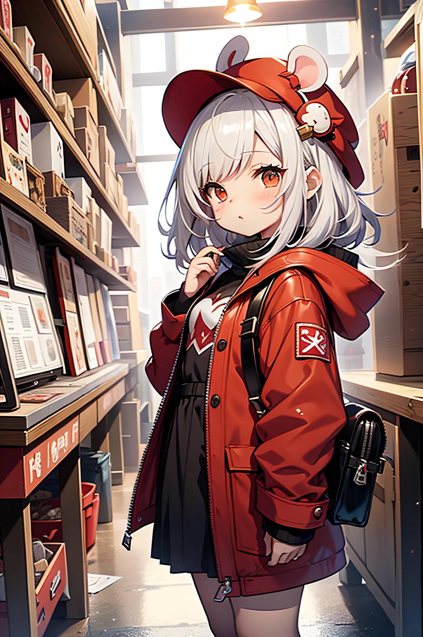 Cartoon girl in red hat and red coat holding bag, a character portrait by Yang J, pixiv, Fantasy Art, character art of maple story, splash art anime , small curvy loliple story gun girl, maplestory mouse, Lori, lalafell, small loli girlchemist girl, MapleStory, MapleStory, White hair