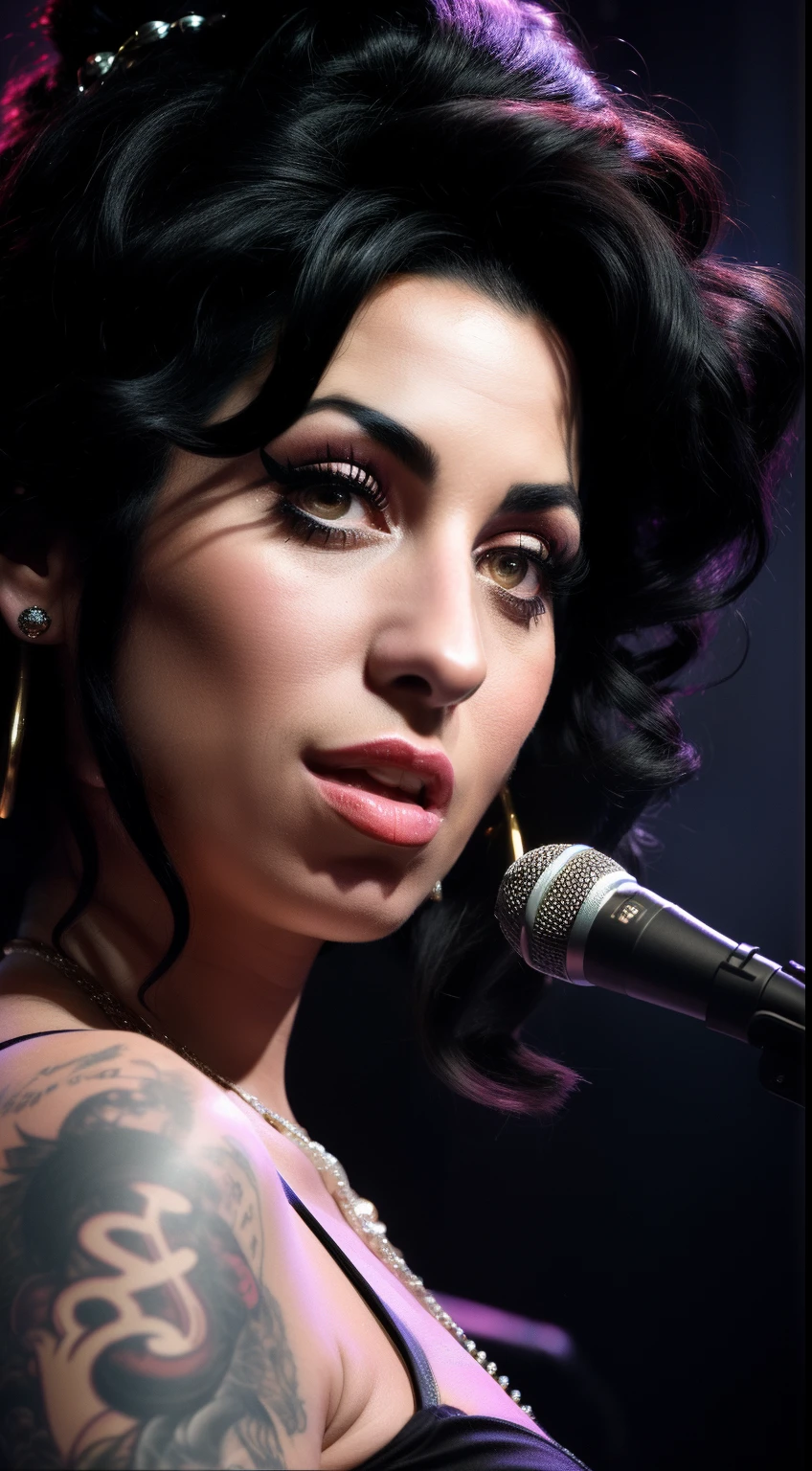 The concept is Amy Winehouse portrayed through digital illustration, inspired by her iconic music style and persona. The scene showcases her soulful performance on stage, surrounded by a vintage microphone and a jazz band. The color temperature is warm and nostalgic, emphasizing her retro charm. Her facial expression exudes raw emotion and passion. The lighting casts dramatic shadows, enhancing the atmosphere of the smoky jazz club