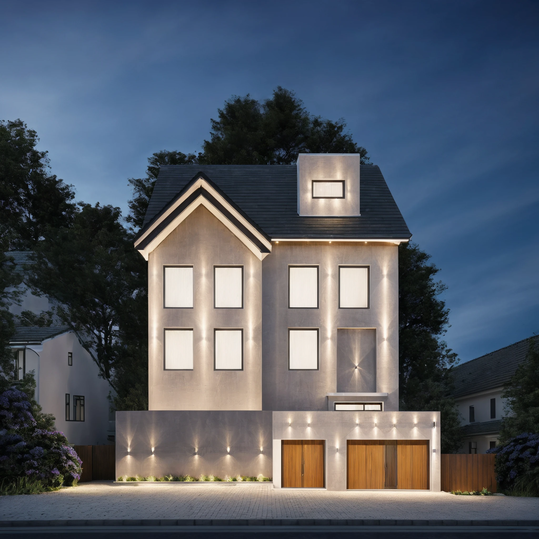 - (((1 mordenhouse with slope roof:1.3))), front elevation of the house, look morden minimalist,(((1 road in front of the house:1.3))), the planter has many white chrysanthemums:1.2
- (RAW photo, real, best quality, masterpiece:1.2),(hyper realistic, photo-realistic:1.2), high quality,(((hyper detail:1.5))), archdaily, award winning design
- dynamic light:1.3, (dark light:1.2), perfect light,
- elegant and minimalist feel