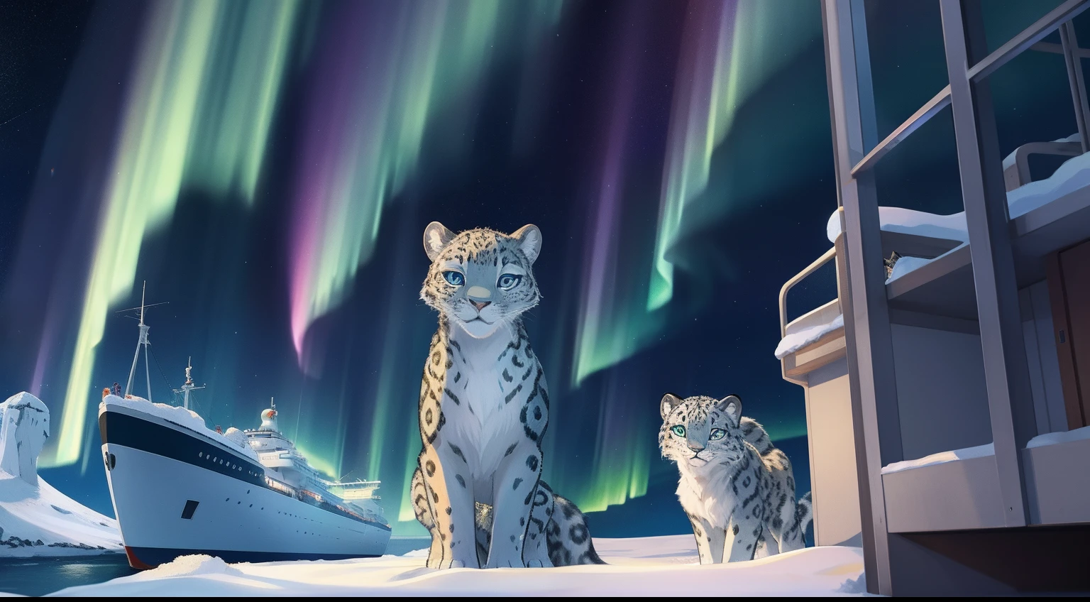 Furry mascot,Furry Fur,Standing furry fur,Furry snow leopard,Standing snow leopard,Lovely image,snow leopard,Cute furry,Large research vessels,Snow leopard on ice,Beautiful aurora,Look at the aurora, Long, Fluffy tail,In the Arctic,The ship is brightly lit,Cubs,is in night,nigh sky, Winters,stars,Close-up of cute characters