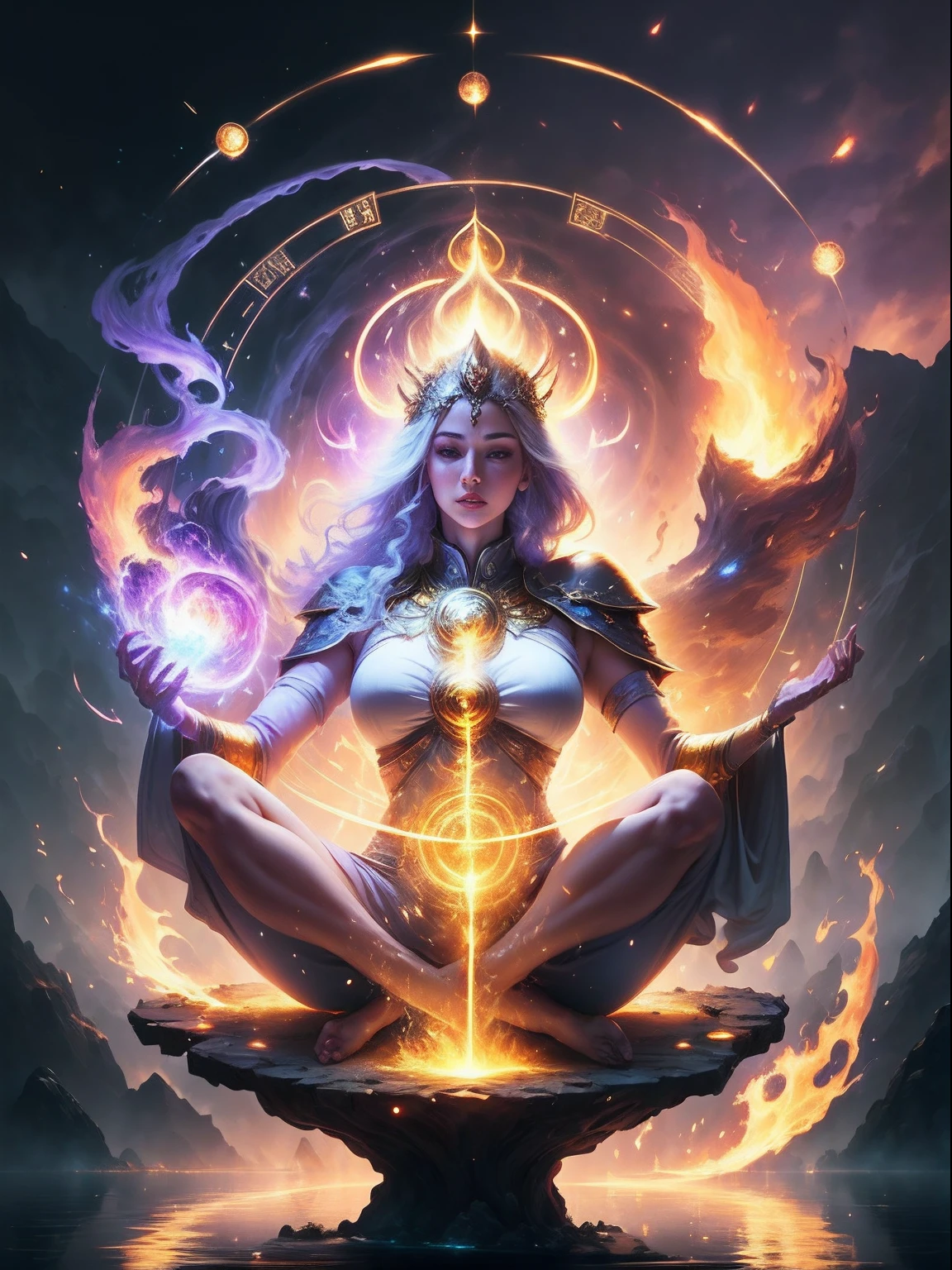 Immortal goddess, super beautiful, 8k, super big breasts, meditating, light white cloth covering part of her body, sitting cross-legged, golden glowing magic circle rotating behind her, magical aura surrounding her parts, magical, fantasy, milky way background, (4  elements, fire, water, wind, earth, surround it),