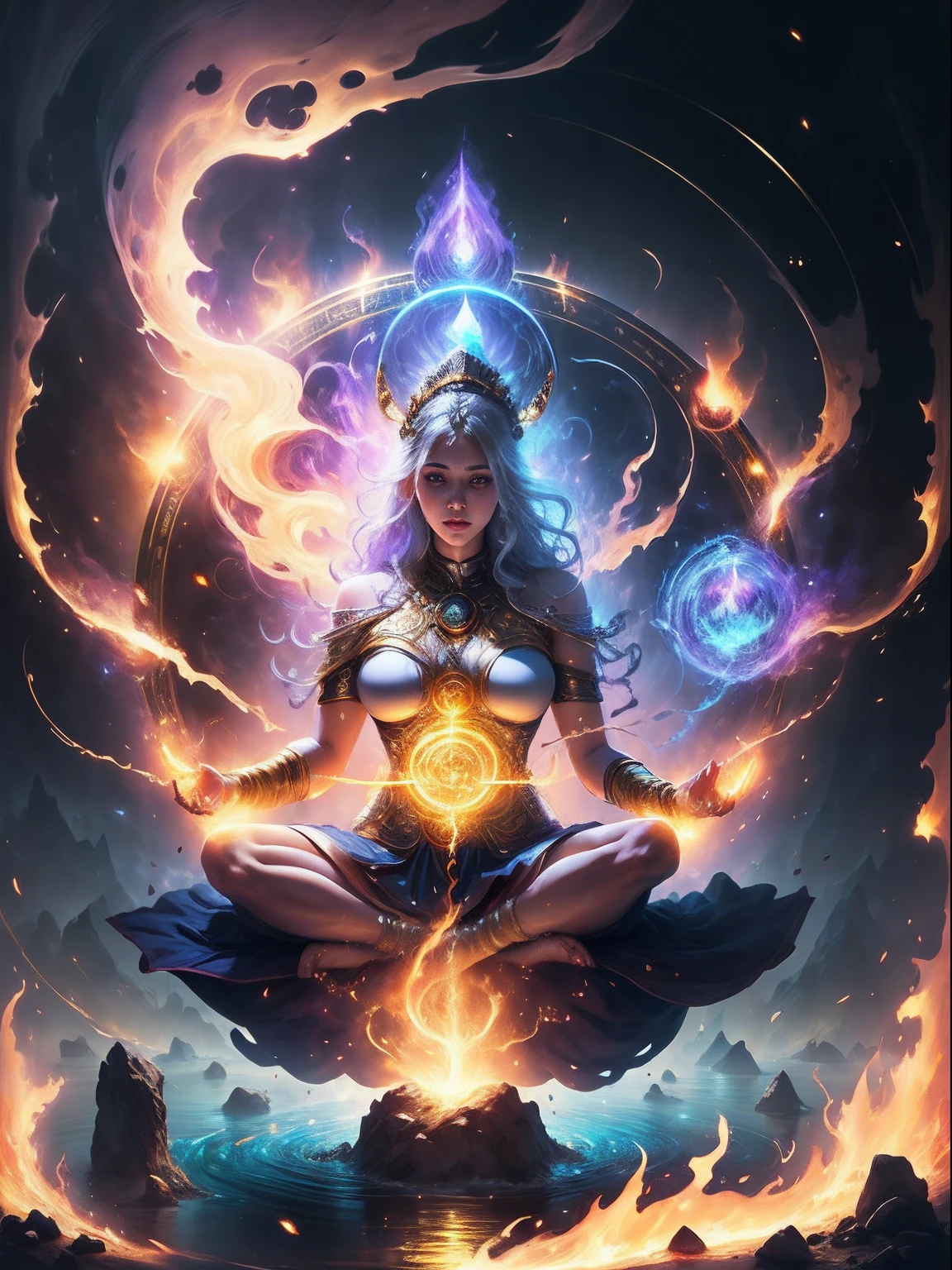 Immortal goddess, super beautiful, 8k, super big breasts, meditating, light white cloth covering part of her body, sitting cross-legged, golden glowing magic circle rotating behind her, magical aura surrounding her parts, magical, fantasy, milky way background, (4  elements, fire, water, wind, earth, surround it),