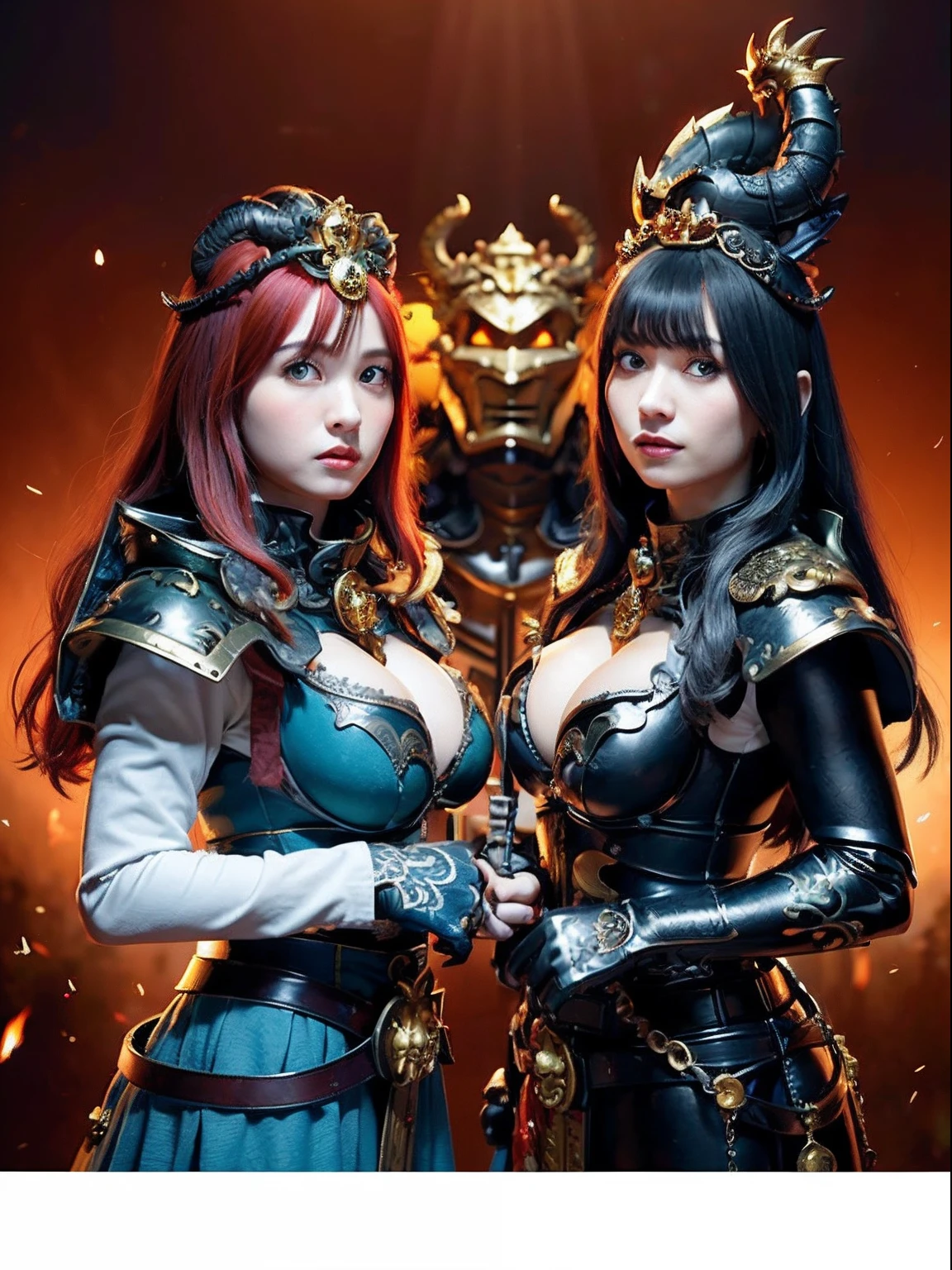 (masutepiece), Professional , ​masterpiece、top-quality、photos realistic , depth of fields 、（Dragon Black Metal Body:1.９),(Matte Blue Black、（cleavage of the breast）、Dragon Gold Weapon（Dragon Metal Body:1.４),Gorgeous gold weapons ,（（ Dragon's dense and gorgeous sword）） , （demonic wings）   ,warhammer 40k , adepta sororitas,Detail and gorgeous crown、（（Red hair））、（Castle background）、（（Gangle's forest background））、Beautiful Caucasian beauty、１a person、dynamic ungle,(((Detailed and ornate dragon helmet)))、Smaller head、A smile、Castle background、Thin and beautiful female hands、cleavage of the breast、Soldier in iron armor on background、Mystical expression、Light Effects、intense fighting、Wind-effect、magic circles、With the legendary magic wand、Dragon's tail、