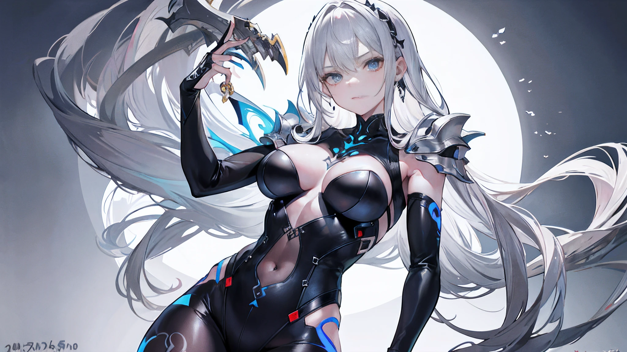 Charming，Senior sister，Abdominal y tattoo，Disgusting gaze，Disdainful face，Tight-fitting leg ring，y tattoo on half-body，Bare skin，Exquisite facial features,Ultimate image quality,1girl,Silver gray hair,Bodysuit,Armored hand，Hidden fingertips，Silver-gray long hair，Bodysuit，Tight-fitting bodysuit，Hand covered，Arm covered，Fist covered,{{beautiful detailed fingers}},1girl,