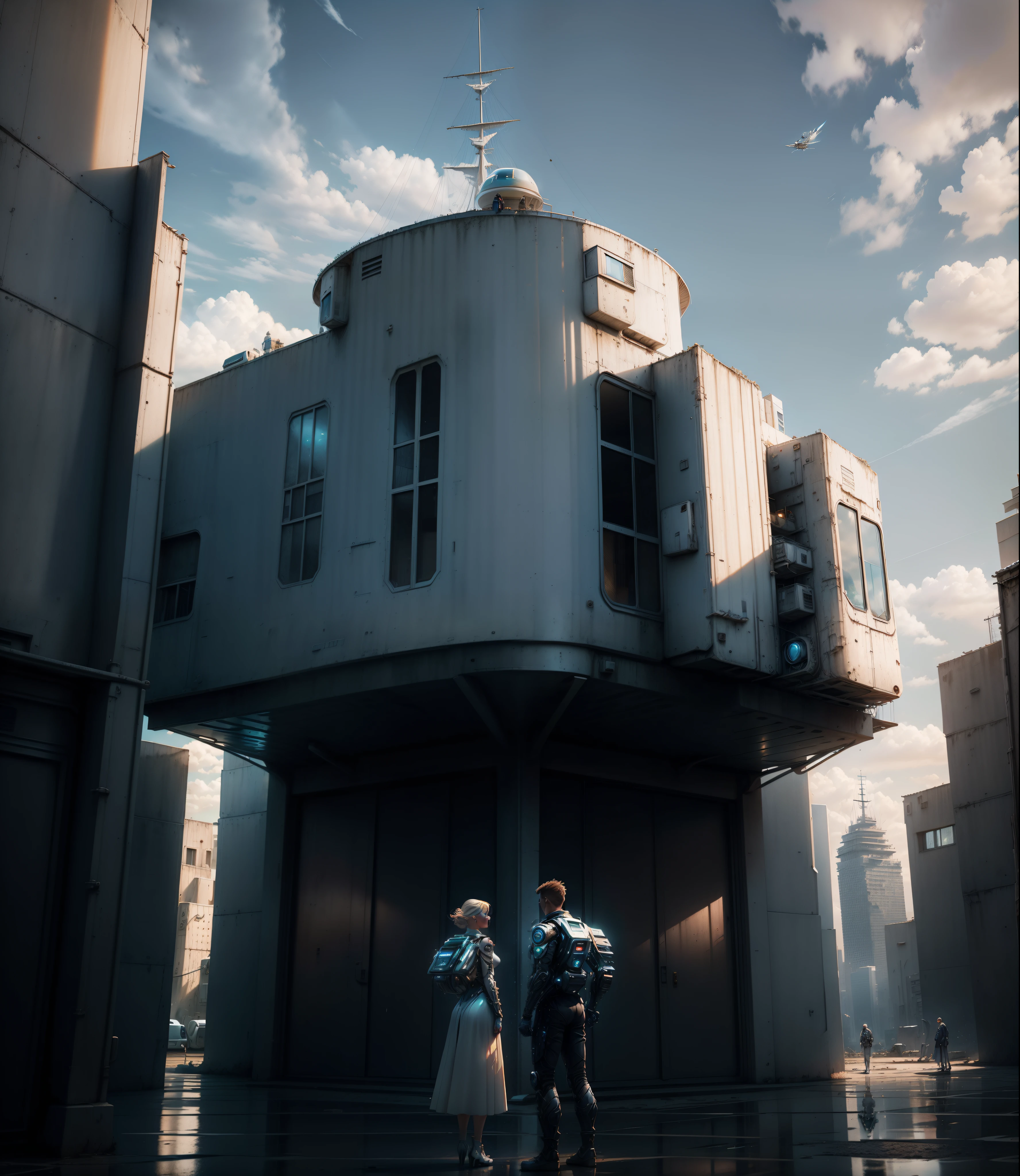 Full HD, SDXL , digital art style image of A gentle couple standing on the dacyard Infront of futureistic, sci-fi ,2090 ship,in The latest fashion of the future ,